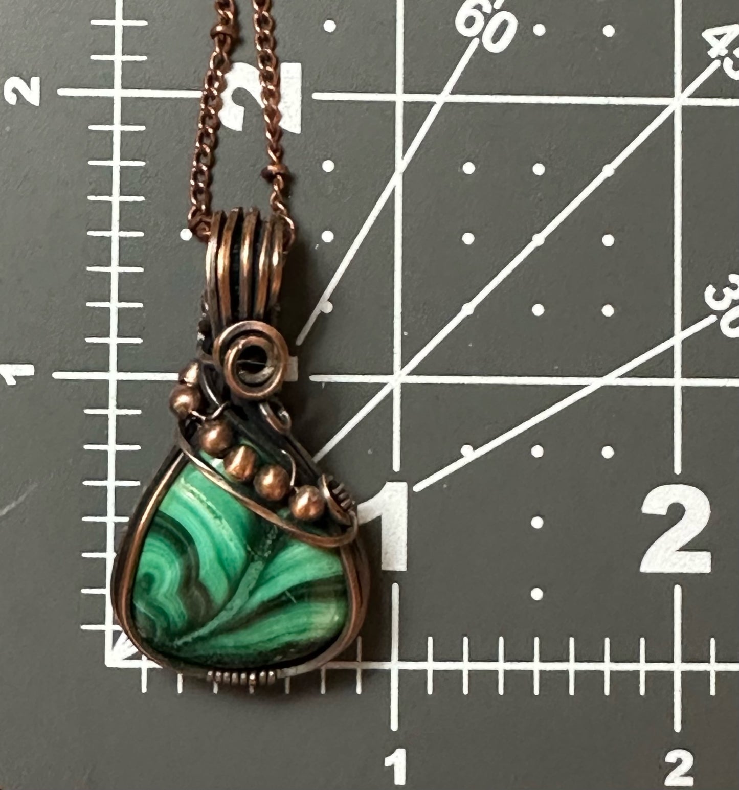 Handmade Wire Wrapped Malachite Pear Shape Pendant With Rosette Motif And Copper Beads
