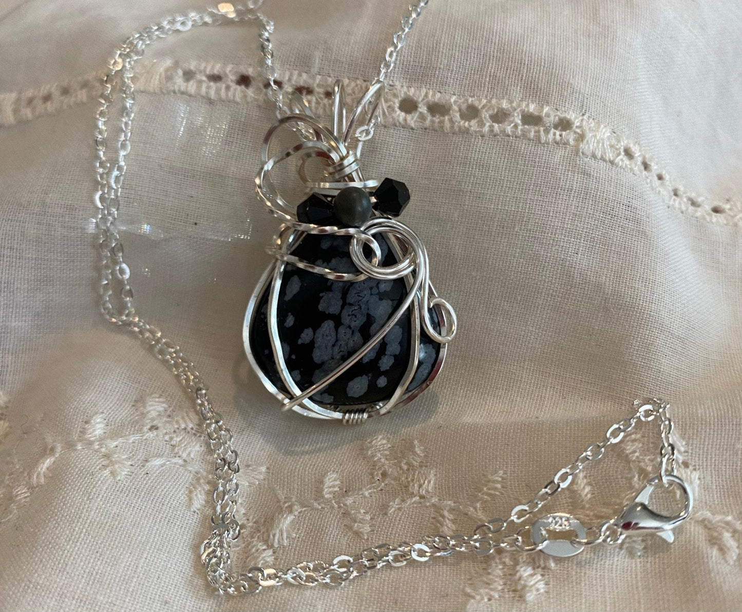 Wire Wrapped Snowflake Obsidian Teardrop Pendant
