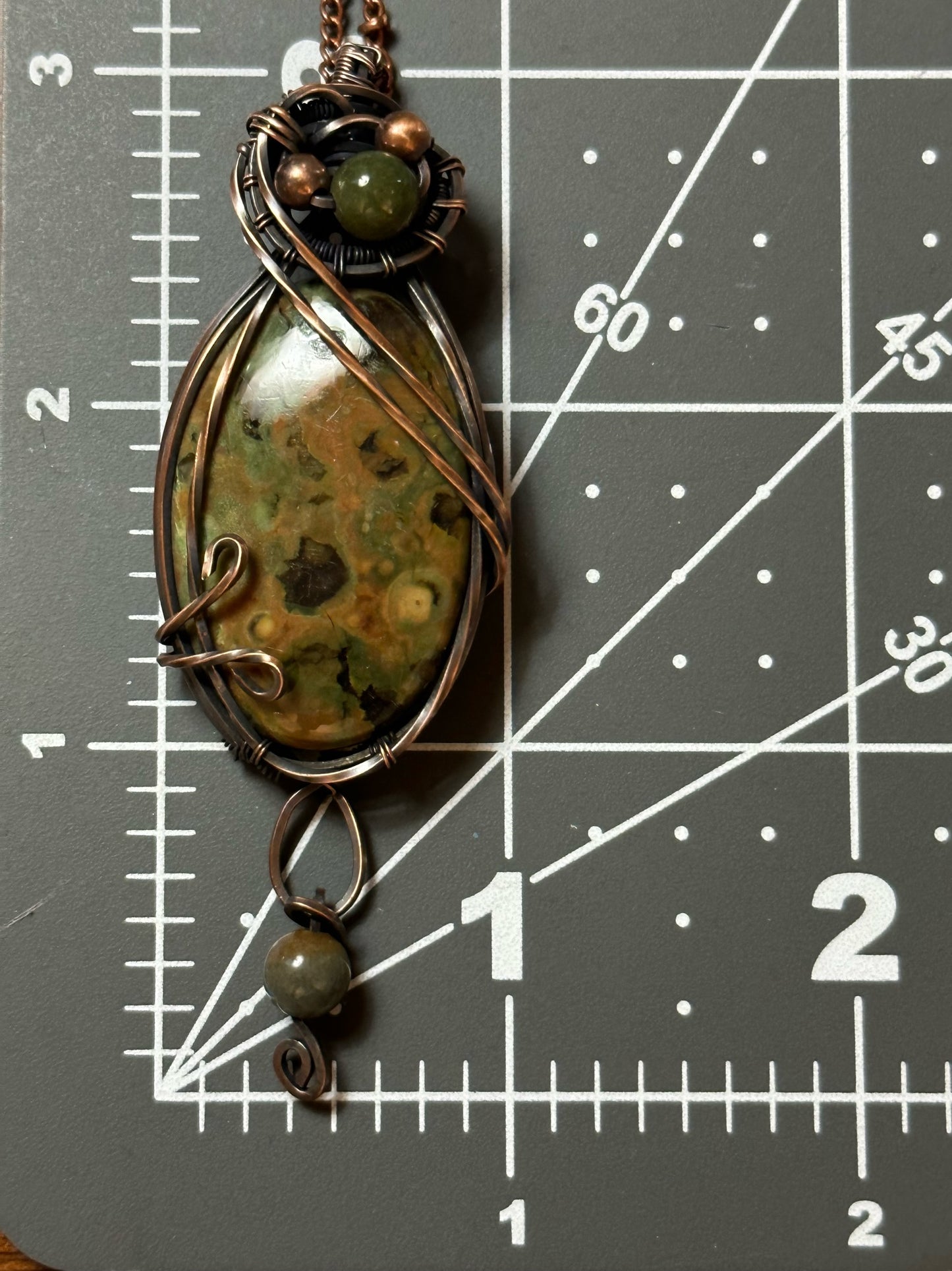 Oval Rhyolite With Bead Dangle Handmade Wire Wrapped Pendant