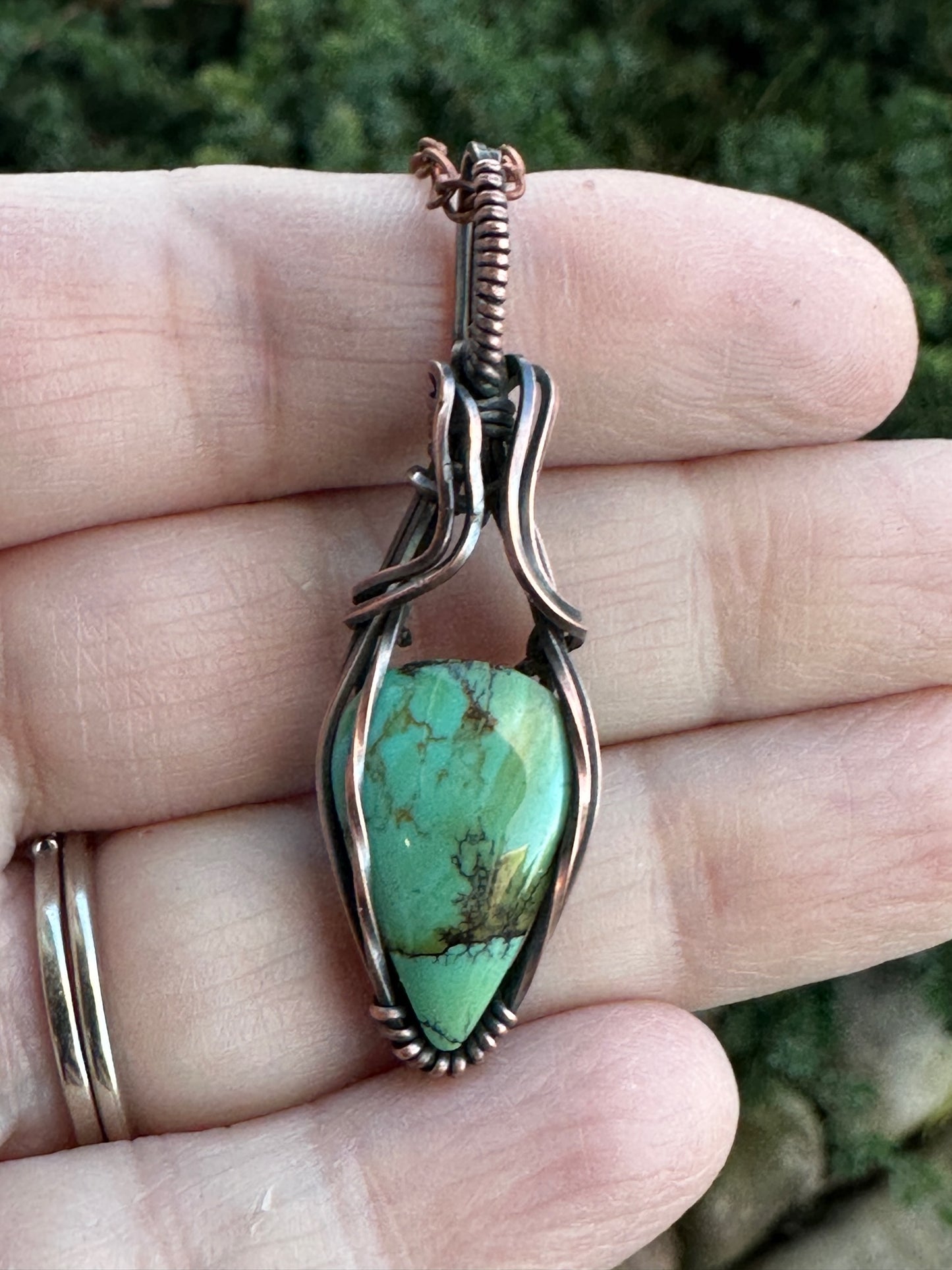 Handmade Turquoise Teardrop Wrapped In Oxidized Copper Wire