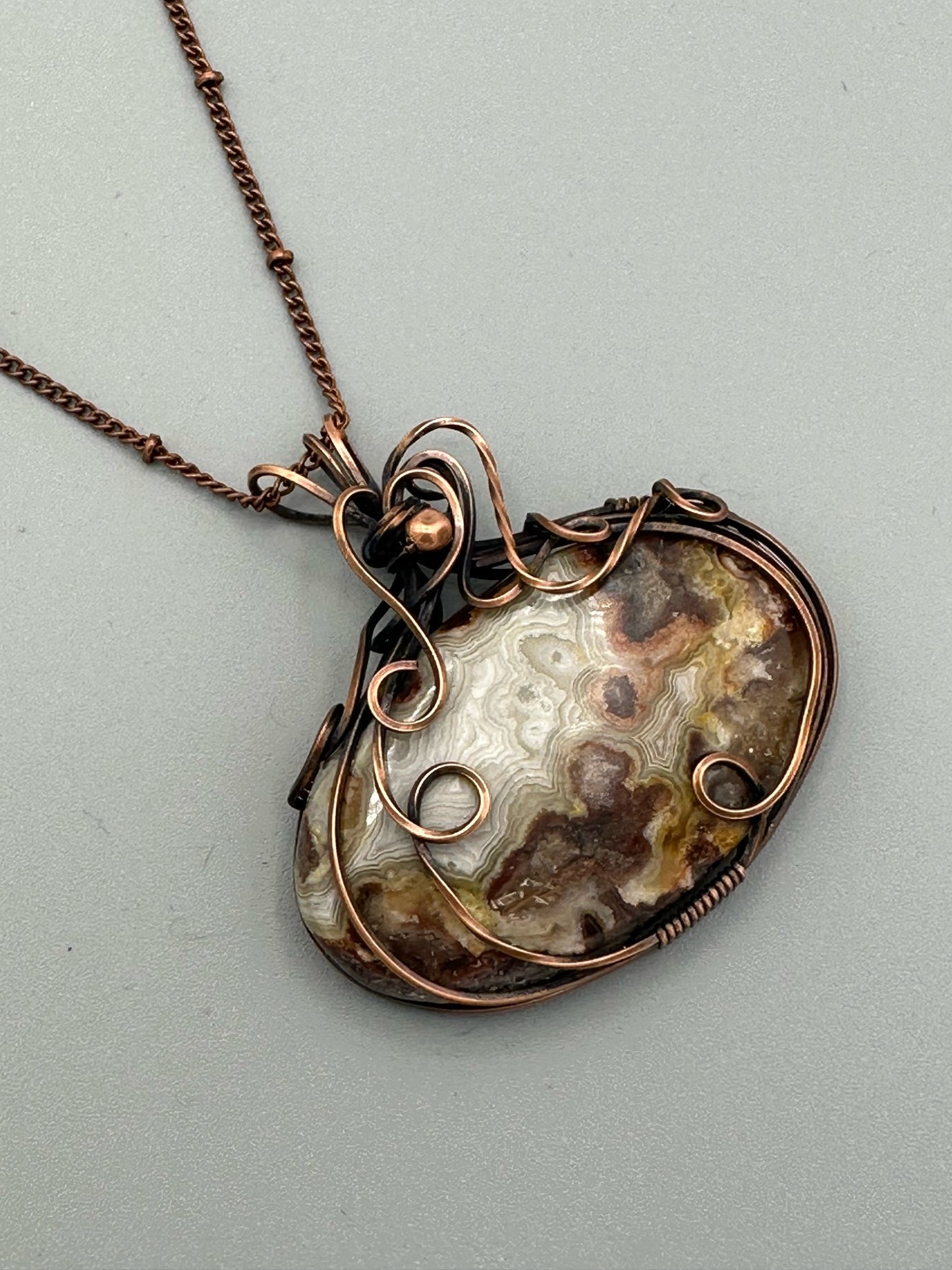 Oval Crazy Lace Agate Handmade Wire Wrapped Pendant