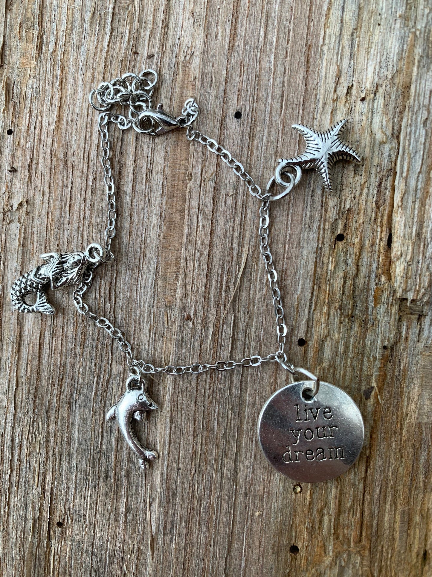 Beach Theme Charm Bracelet, Mermaid, Dolphin and Starfish
