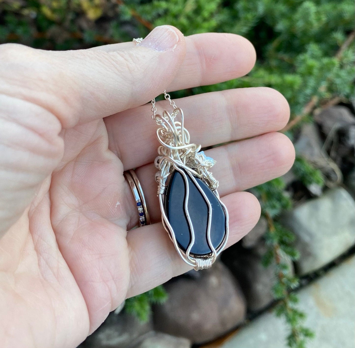 Wire Wrapped Black Agate Teardrop Pendant