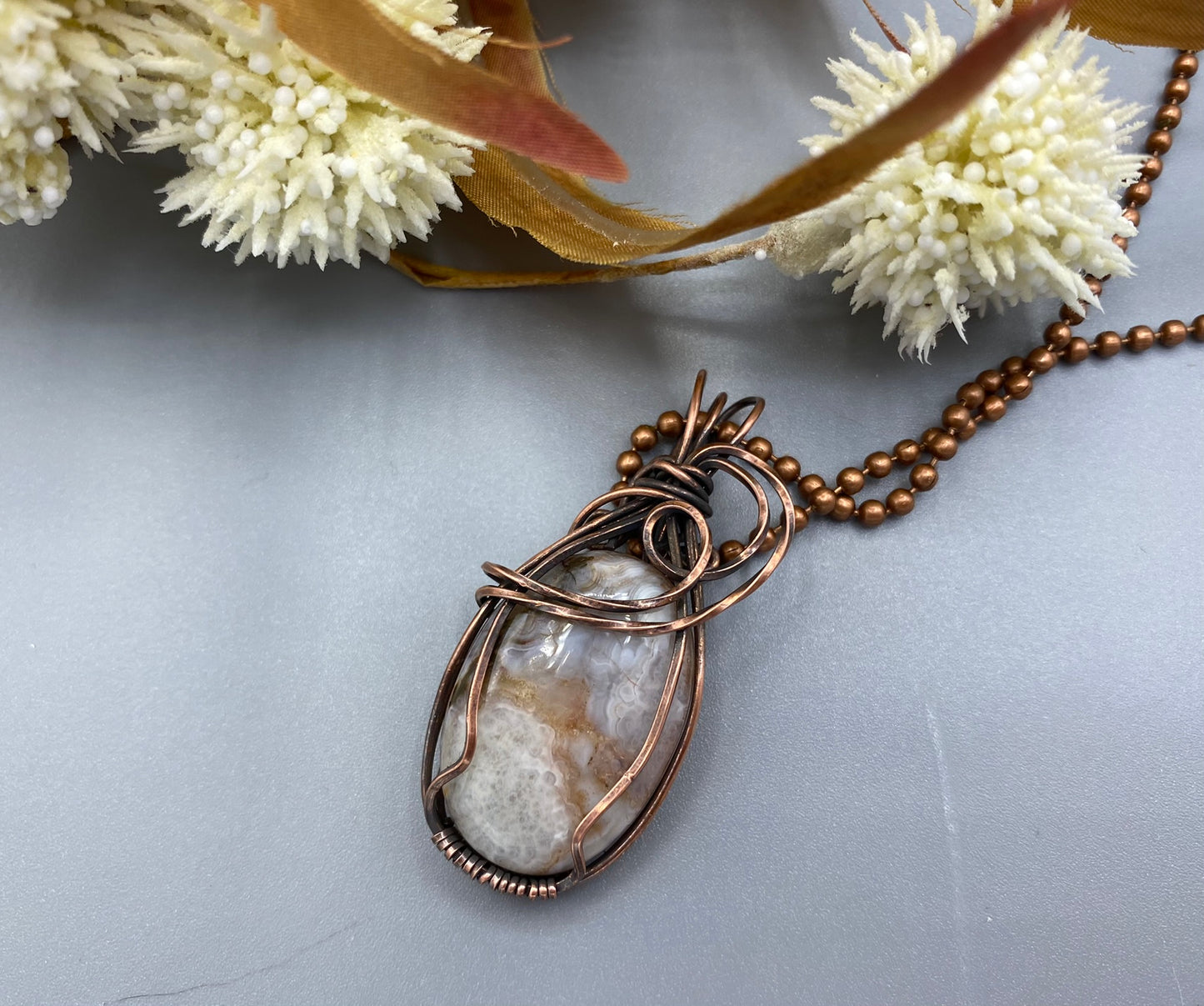 Crazy Lace Agate Oval Pendant | Copper Wire Wrapped Pendant