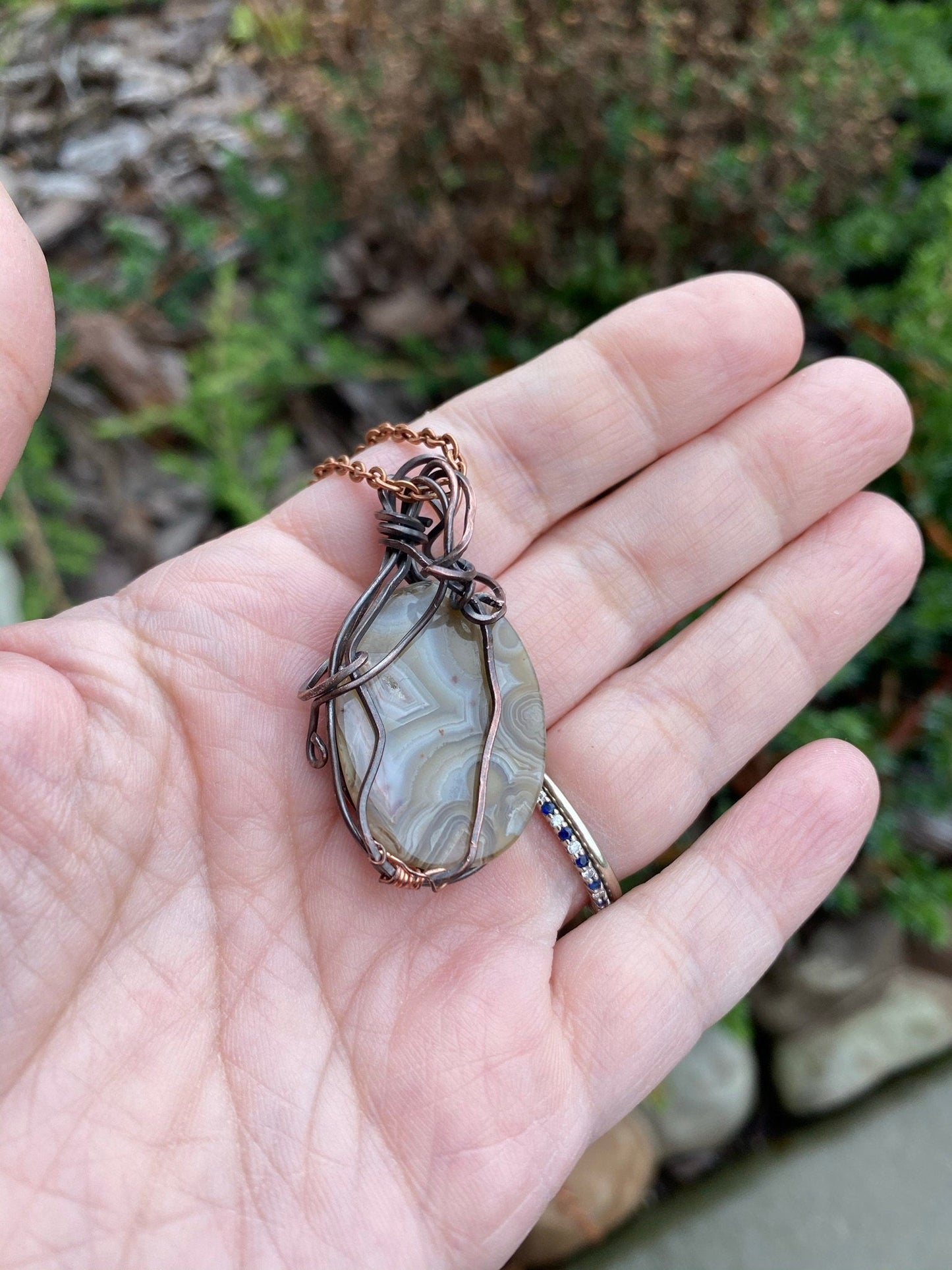 Wire Wrapped Oval Silversmith Crazy Lace Agate Pendant