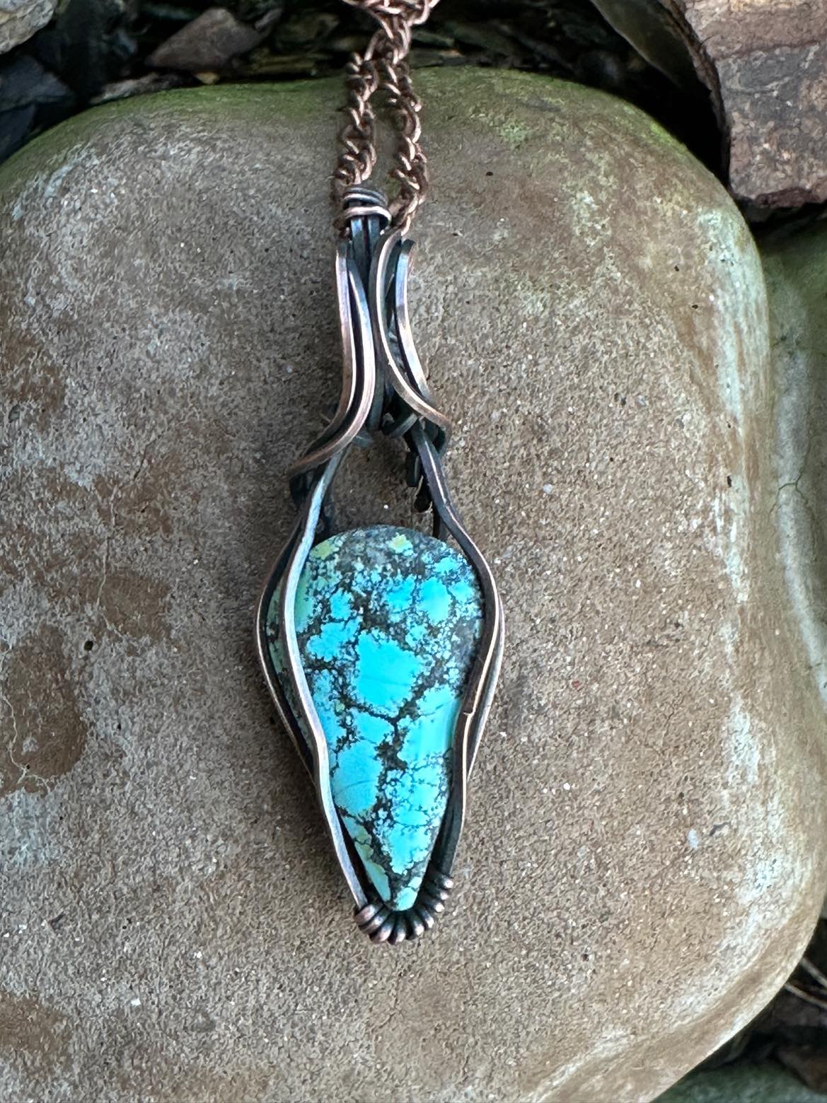 Turquoise Teardrop Pendant Wrapped In Oxidized Copper Wire