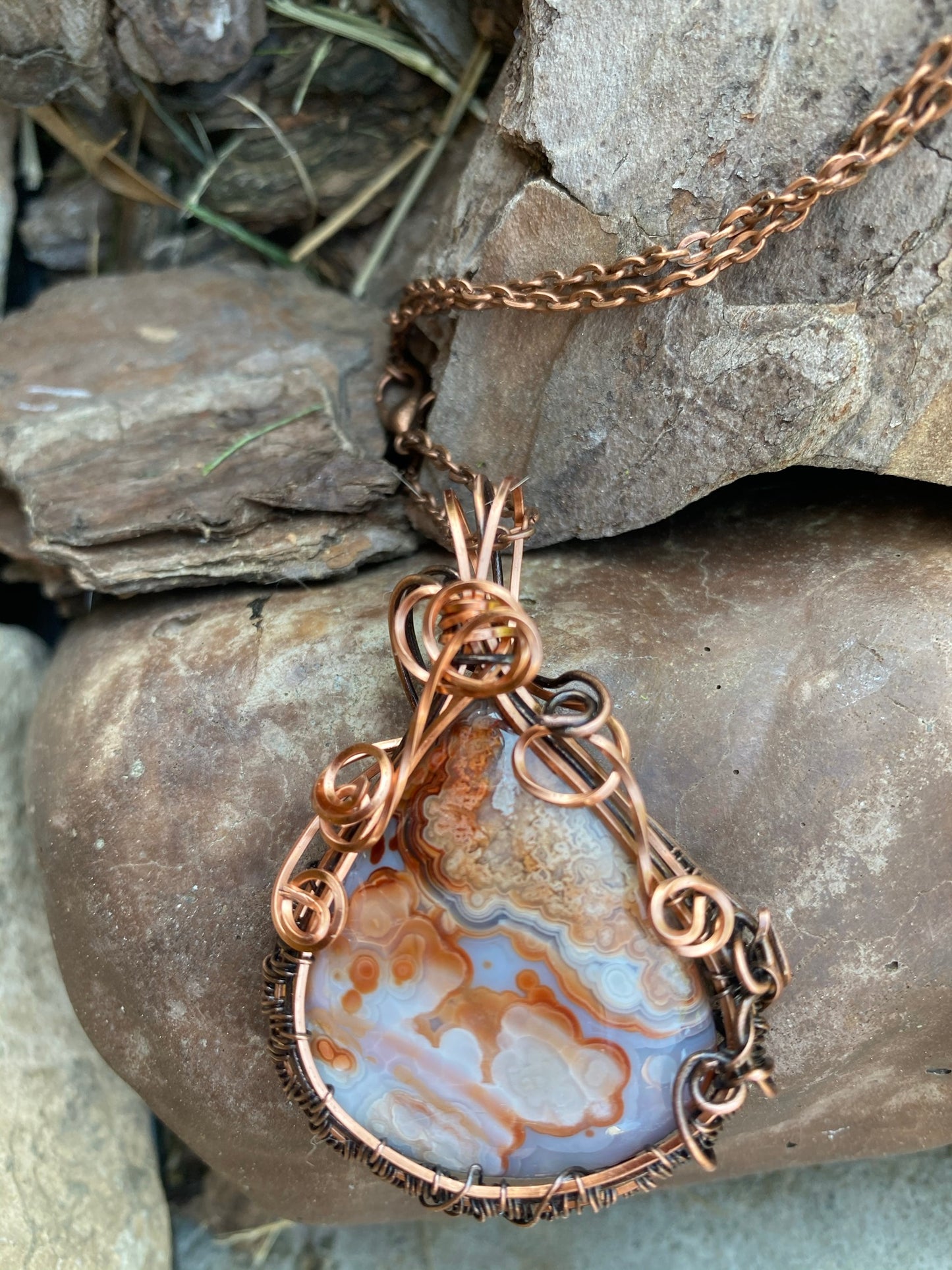 Crazy Lace Oxidized Copper Wire Wrapped Pendant