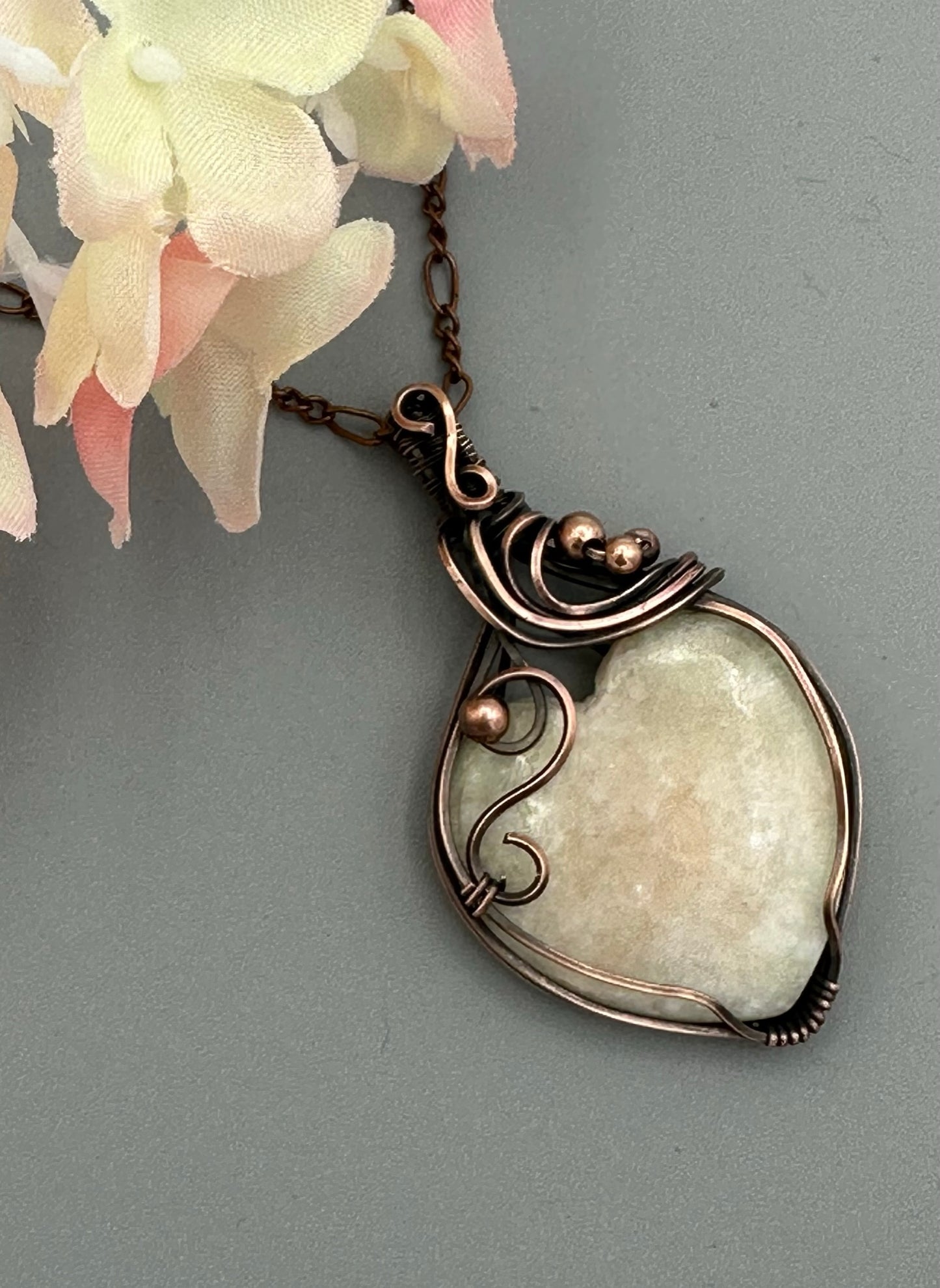 Natural Indian Serpentine Heart Shaped Wire Wrapped Pendant