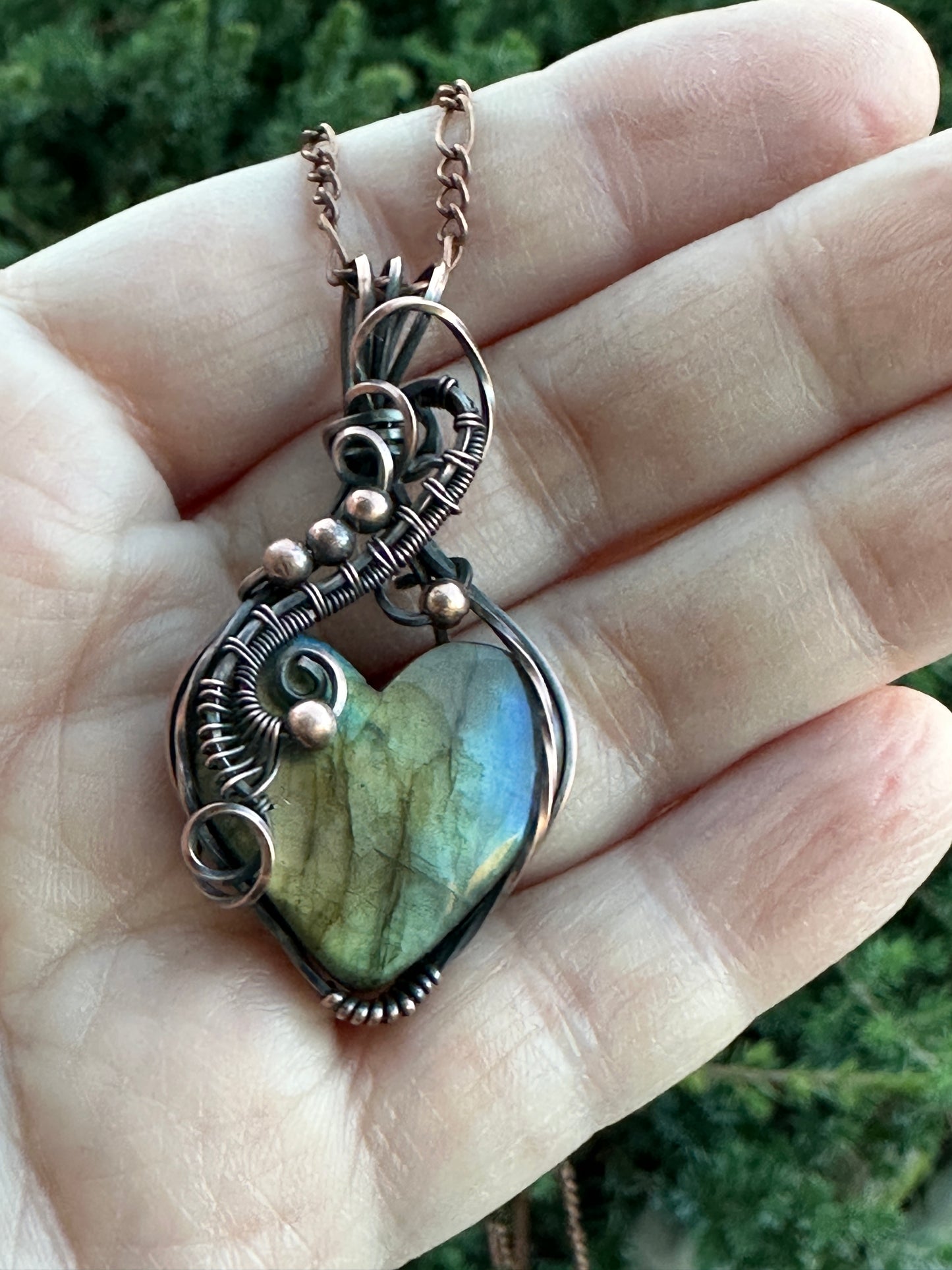 Labradorite Heart Shaped Copper Wire Wrapped Pendant