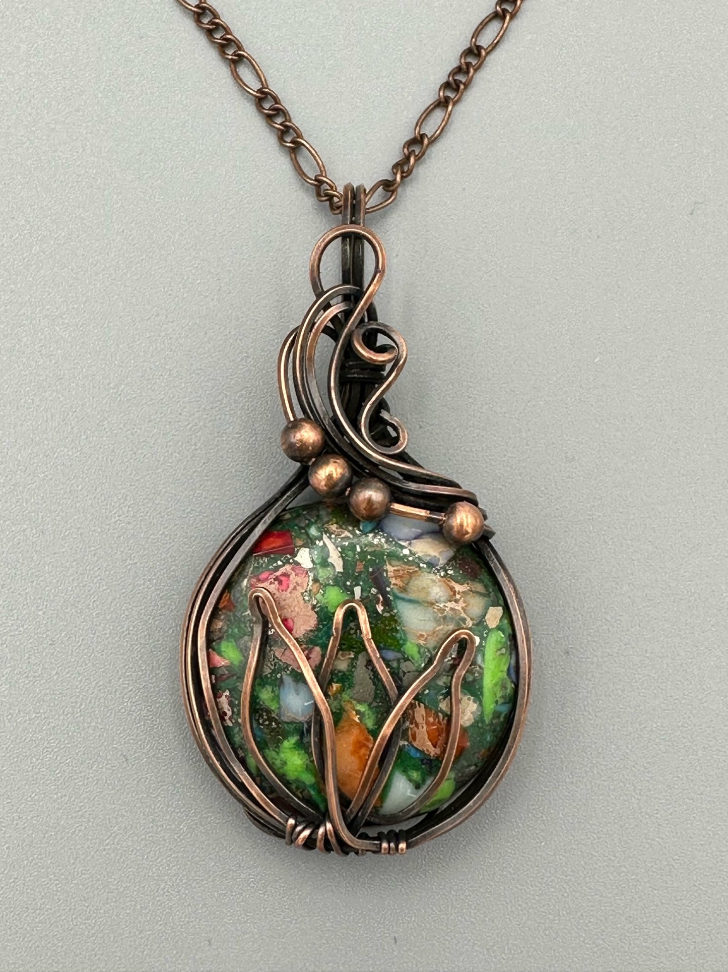 Pyrite Multi-Color Sea Sediment Jasper with Lotus and Copper Beads