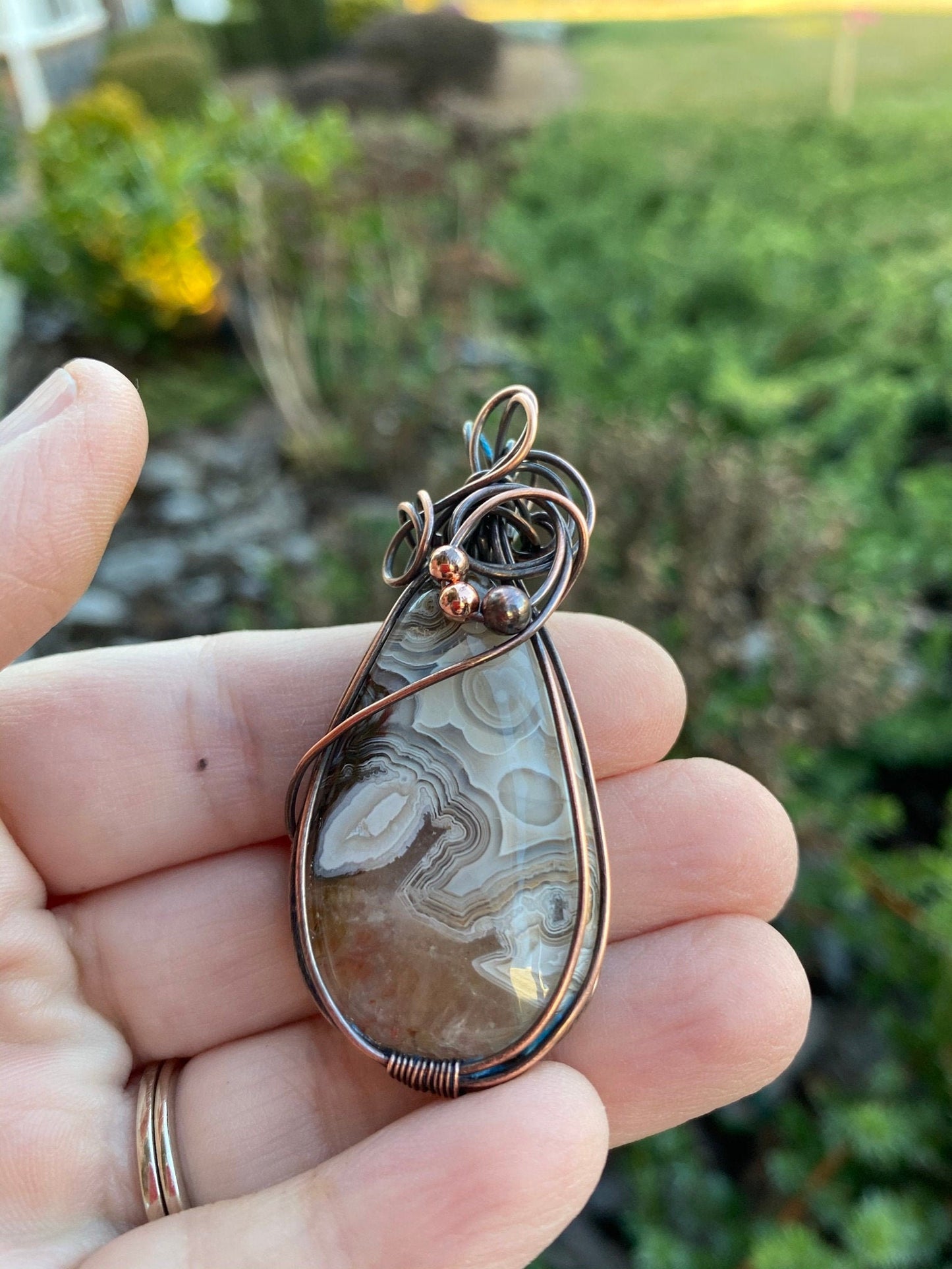 Gray and Beige Crazy Lace Agate, Wire Wrapped Teardrop Pendant
