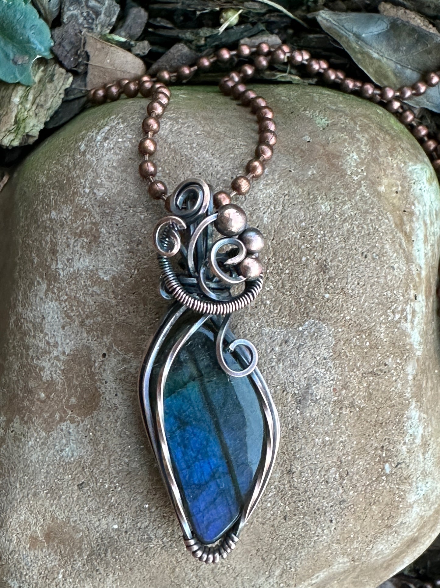 Handmade Wire Wrapped Curved Labradorite Pendant