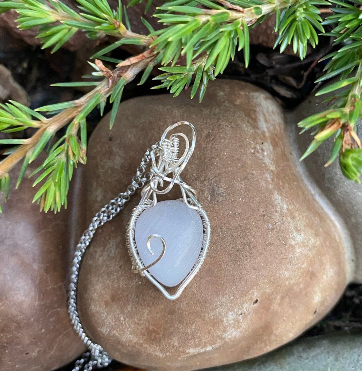 Wire Wrapped Natural Gray Cat's Eye, Chrysoberyl, Pear Pendant
