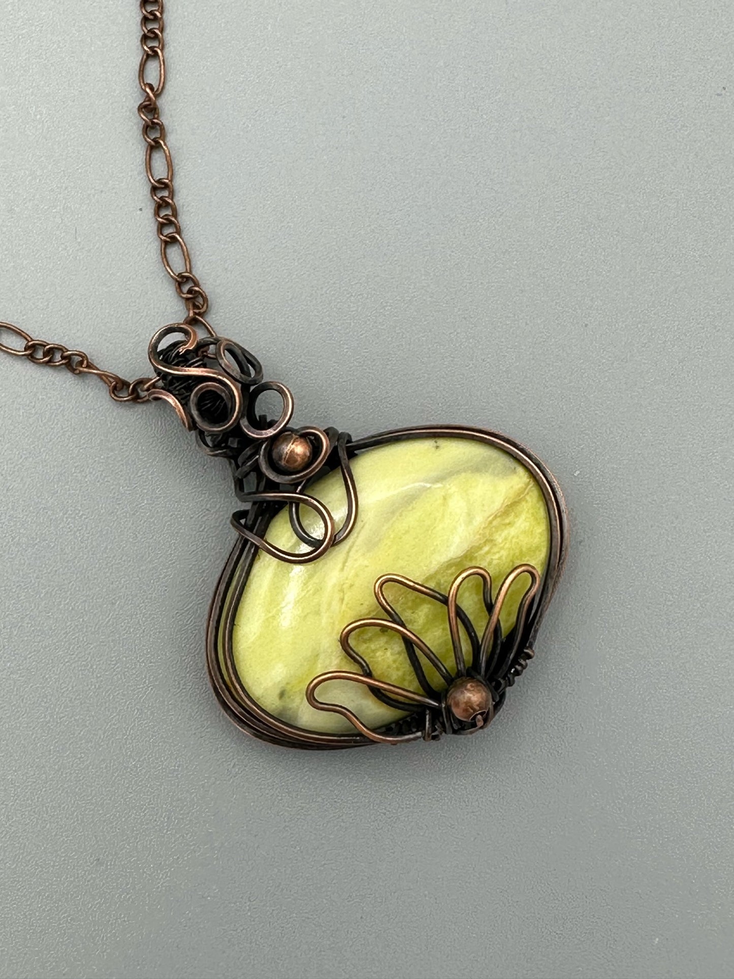 Green Opal With Lotus Handmade Wire Wrapped Pendant