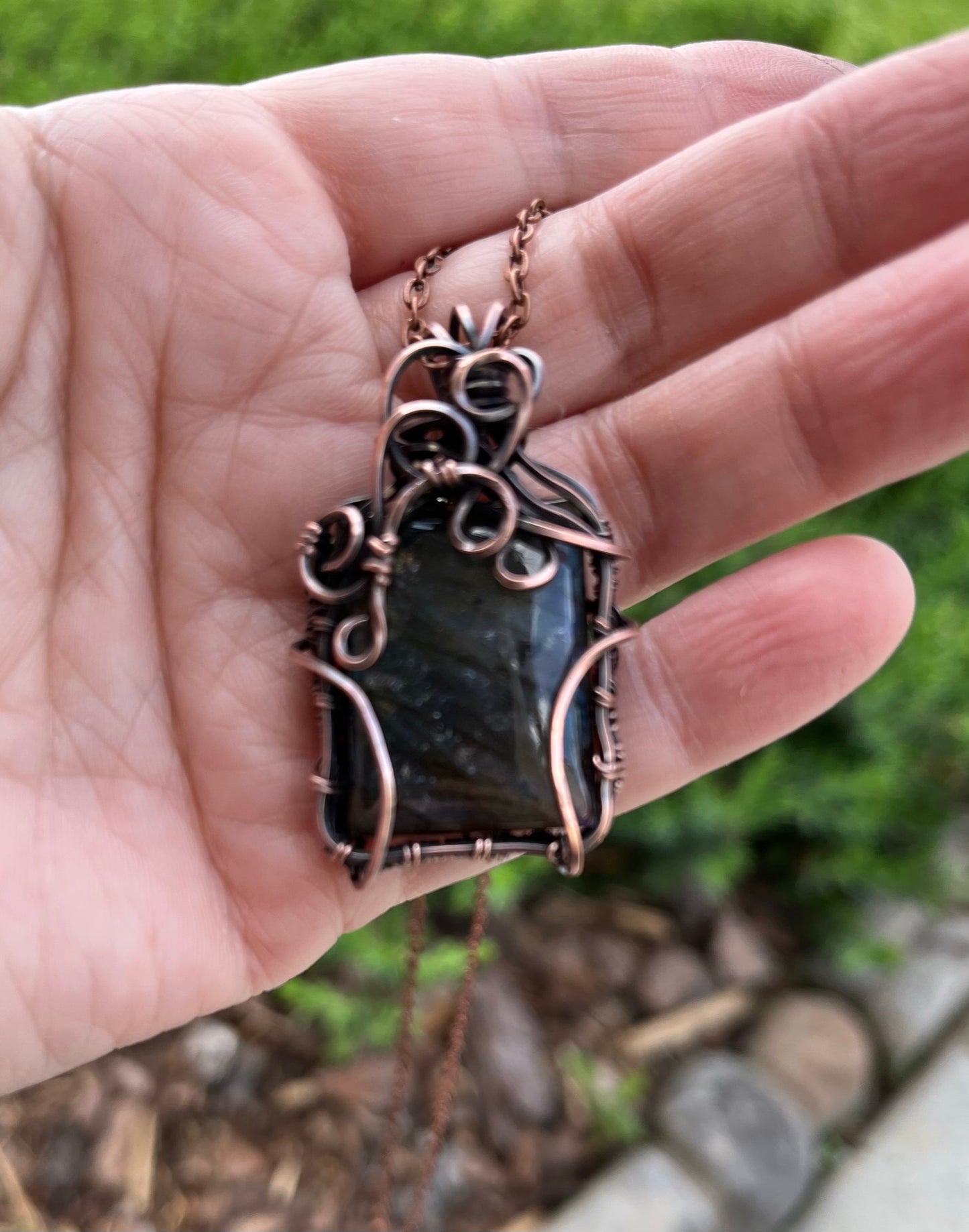 Square Blue Labradorite Wire Wrapped Pendant