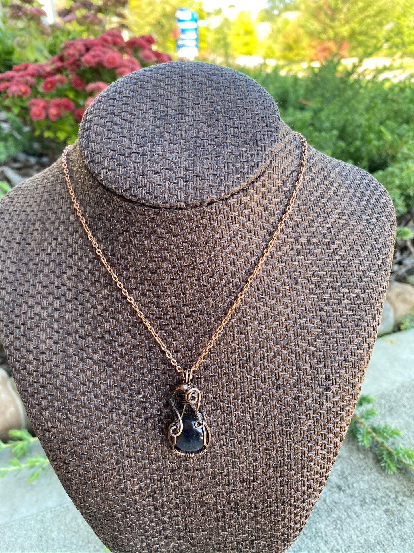 Round Blue Stone Pendant, Handmade, Antiqued Copper Wire Wrapped Necklace
