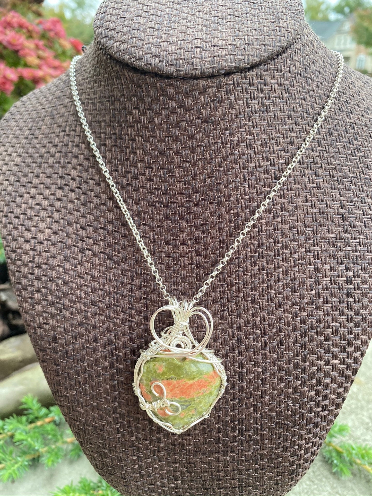 Wire Wrapped Unakite Heart Pendant with Silver Wire
