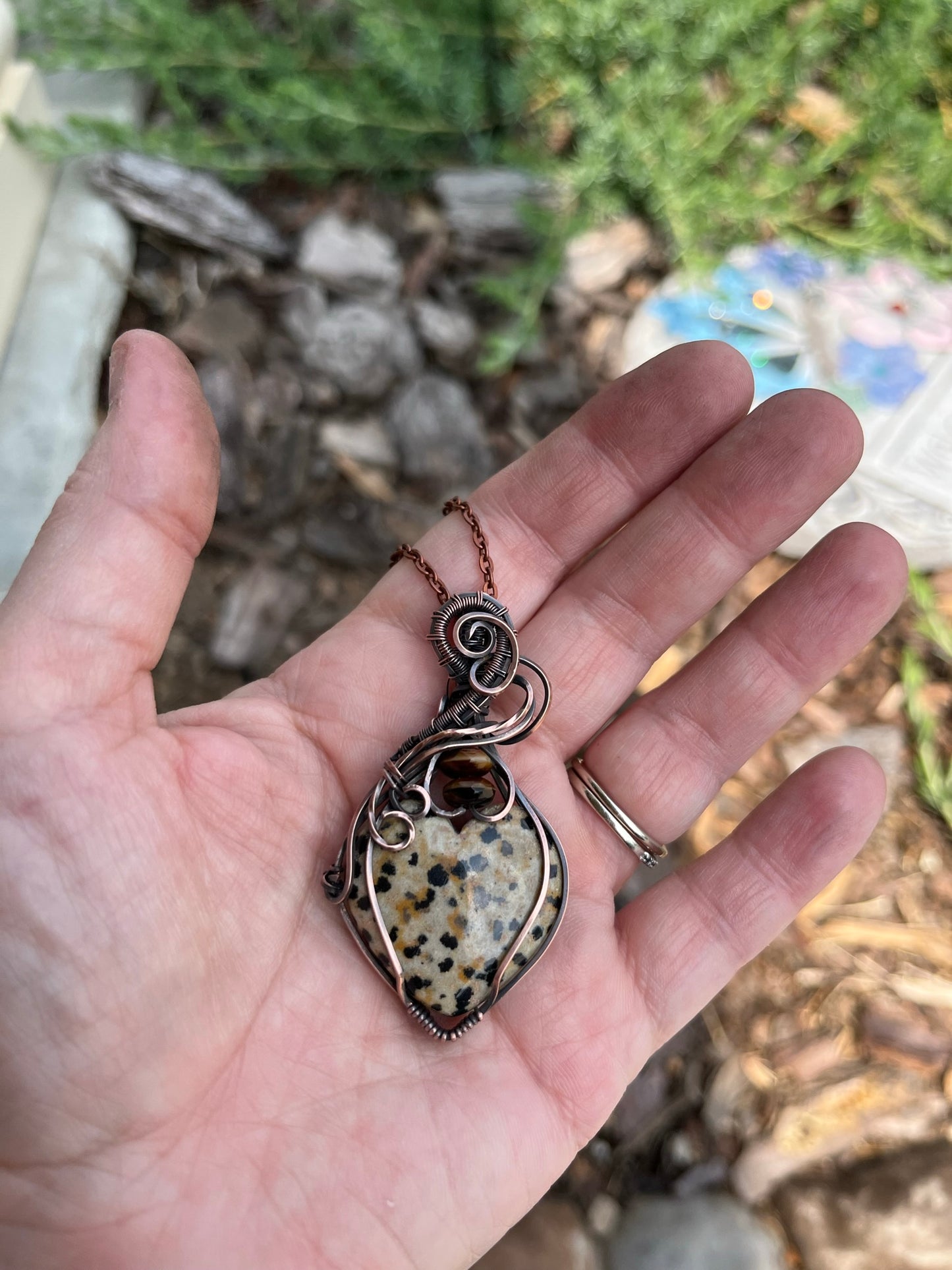 Natural Dalmation Jasper Heart Shaped Wire Wrapped Pendant