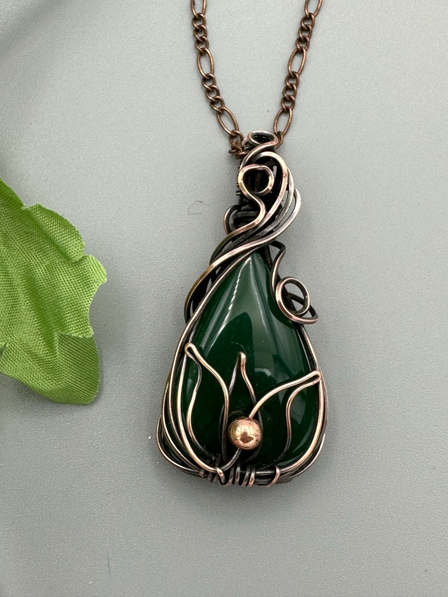 Nephrite Jade Teardrop Wire Wrapped with Lotus Motif Handmade Pendant