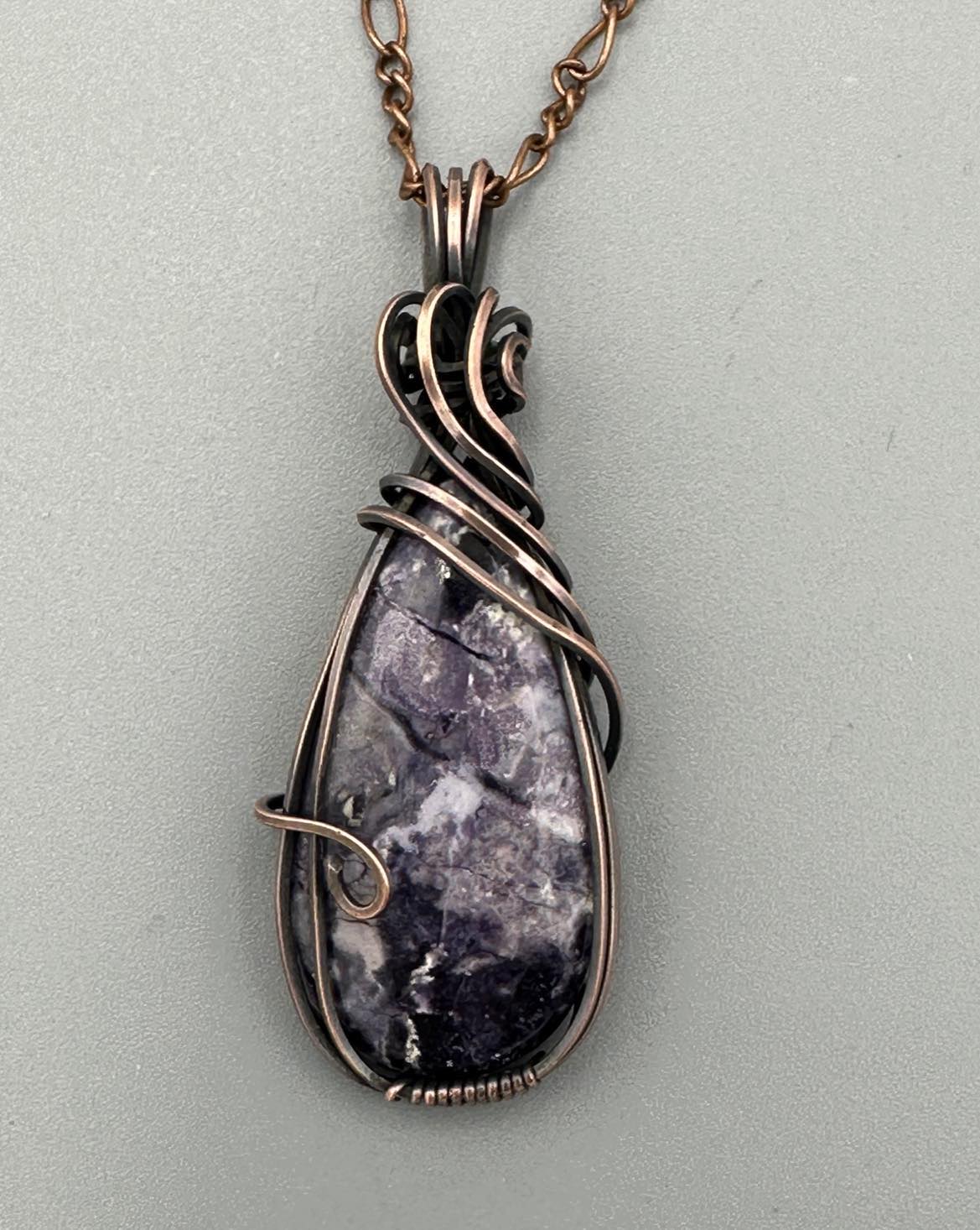 Handmade Amethyst Teardrop Wrapped In Oxidized Copper Wire