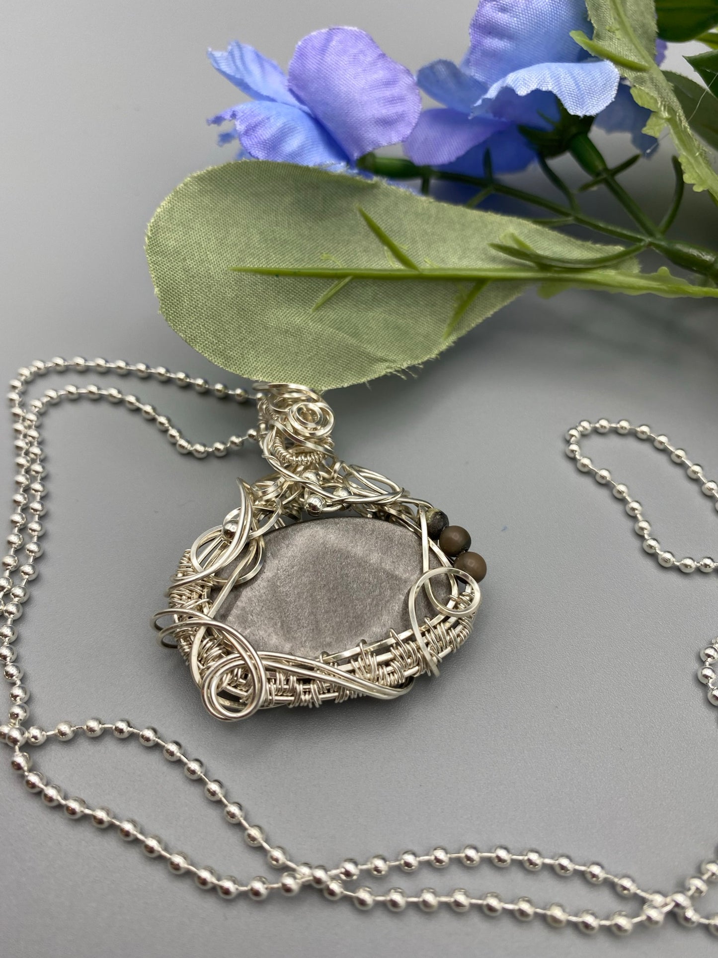 Oval Silver Sheen Obsidian Pendant Wire Wrapped in Silver