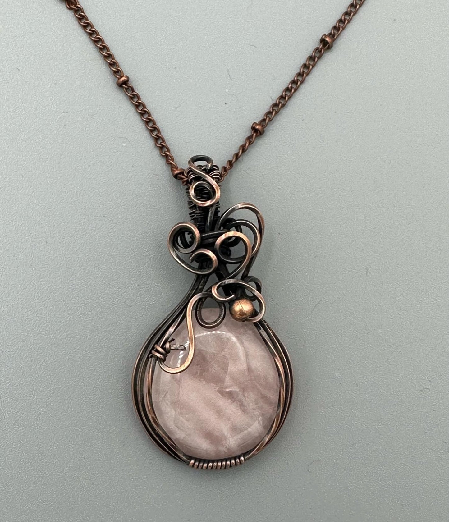Round Rose Quartz Handmade Wire Wrapped Pendant