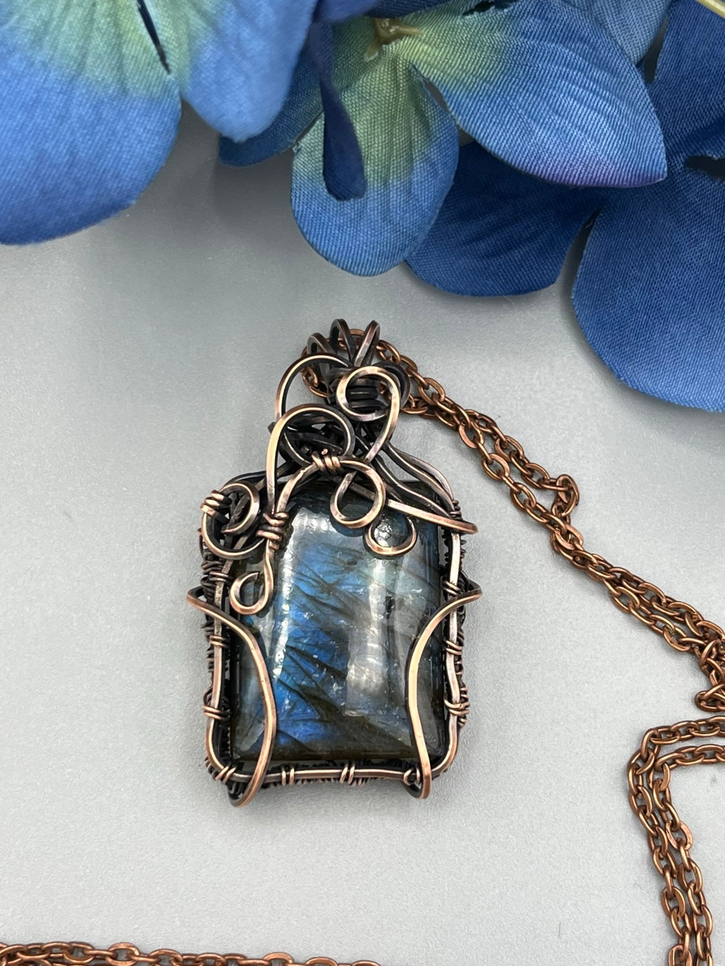 Square Blue Labradorite Wire Wrapped Pendant