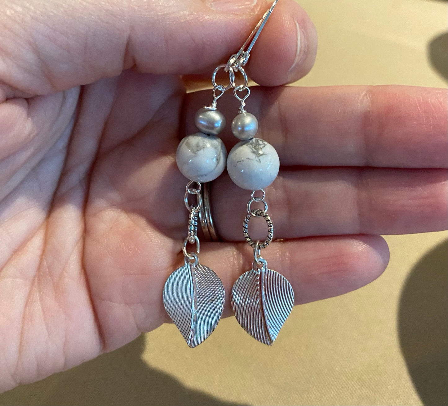 White and gray beads, freshwater pearls, silver leaves, lever hook back, earrings