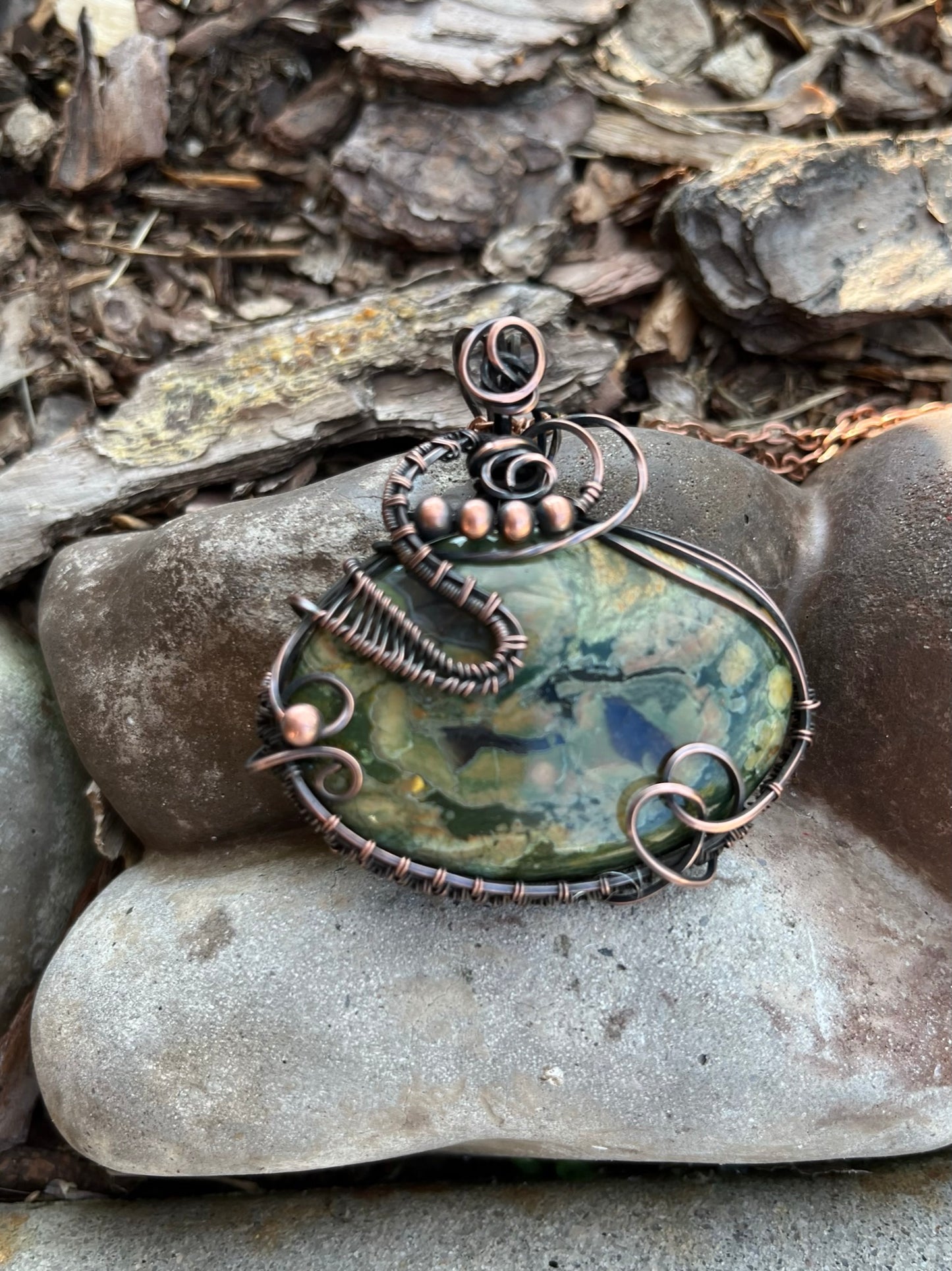 Rain Forest Jasper Oval Wire Wrapped Pendant