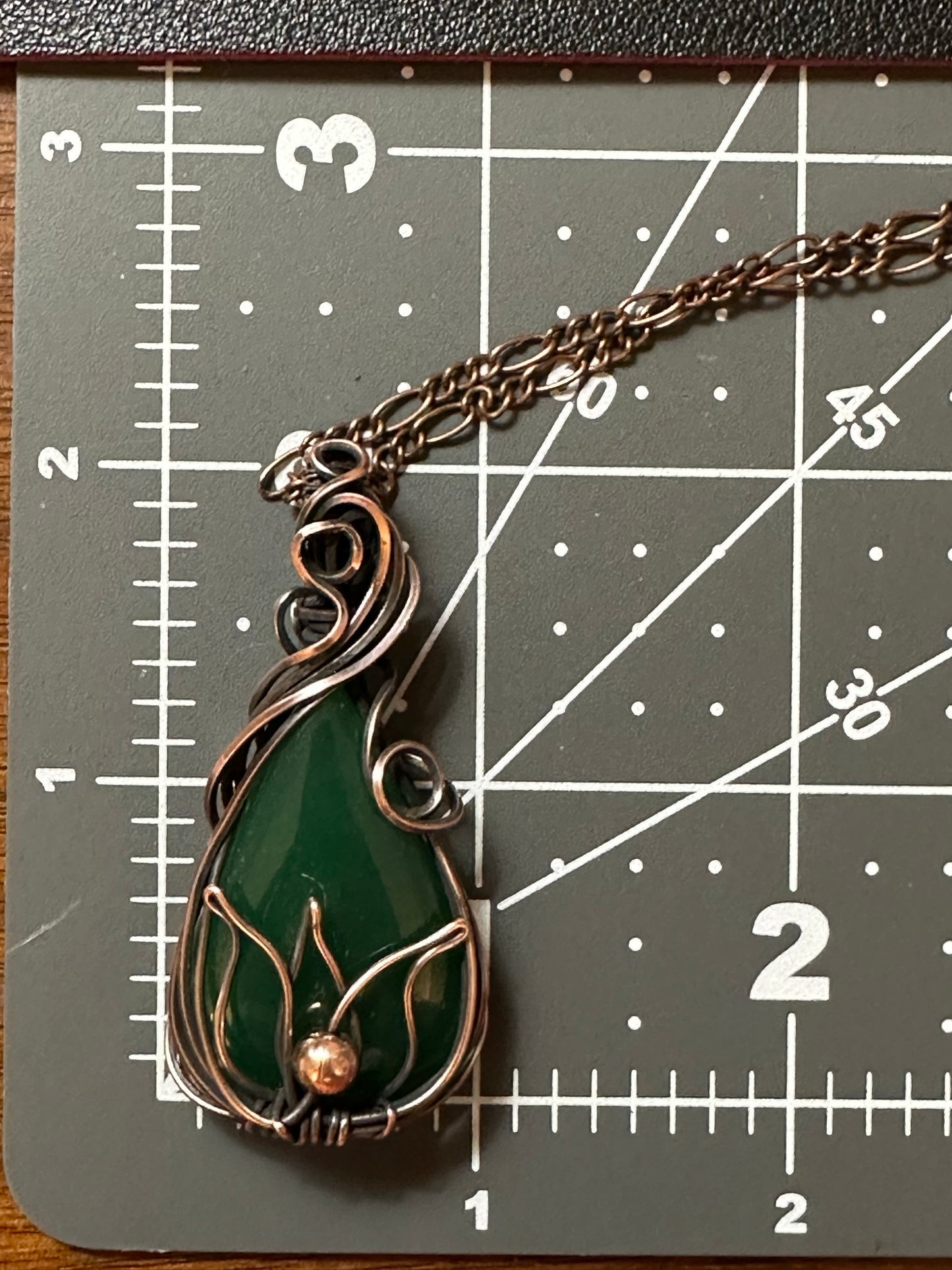 Nephrite Jade Teardrop Wire Wrapped with Lotus Motif Handmade Pendant