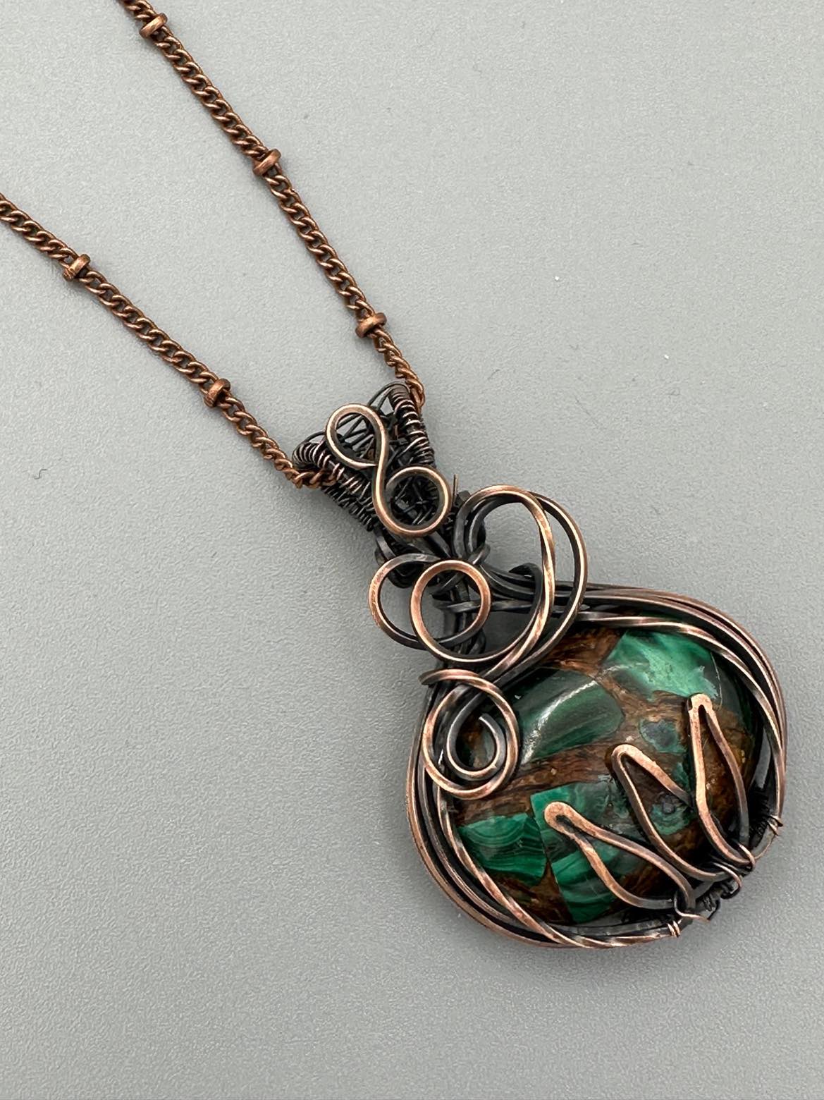 Handmade Wire Wrapped Copper Malachite Oval Shaped Pendant