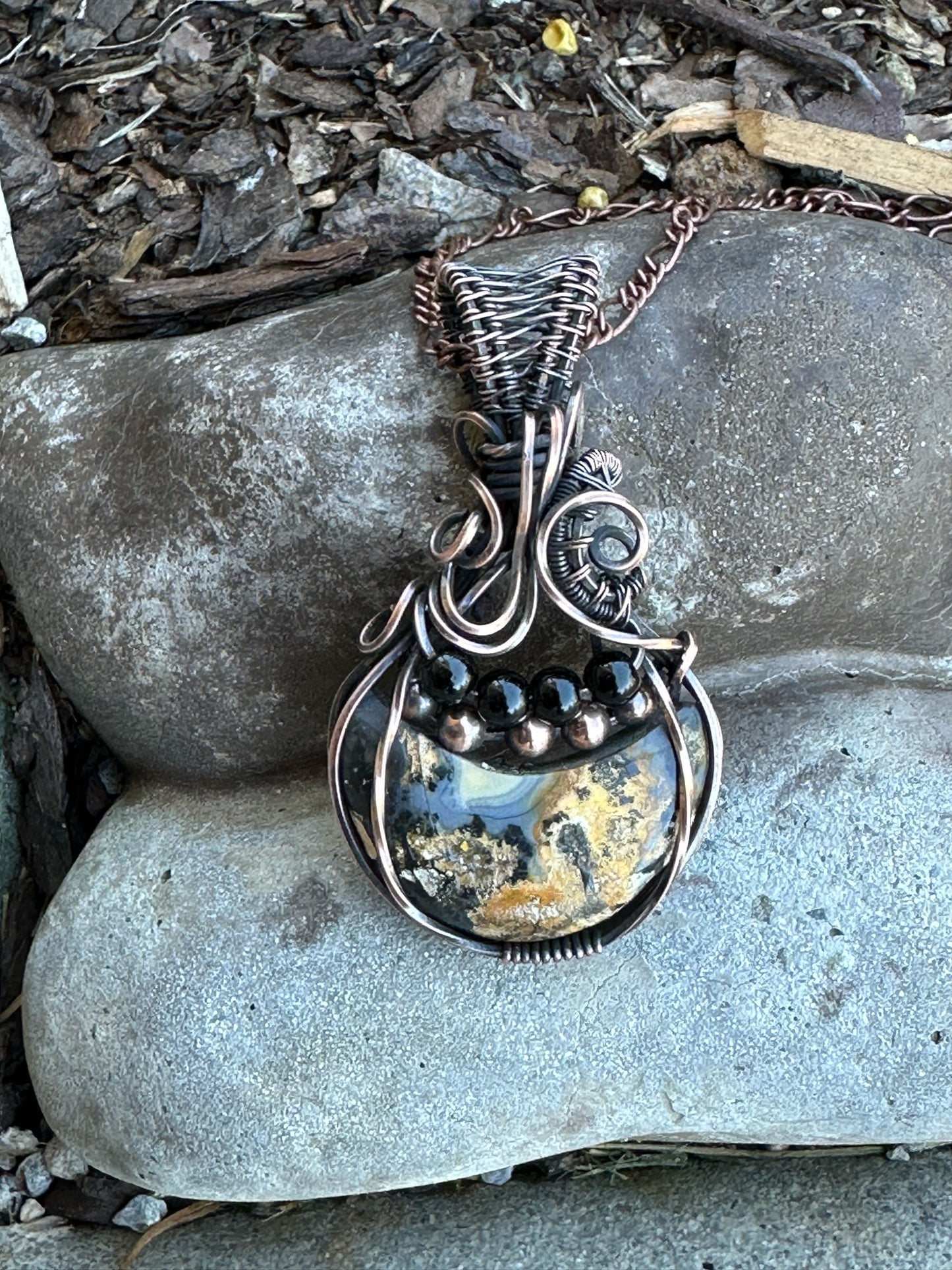 Maligano Jasper Crescent Moon Wire Wrapped Pendant