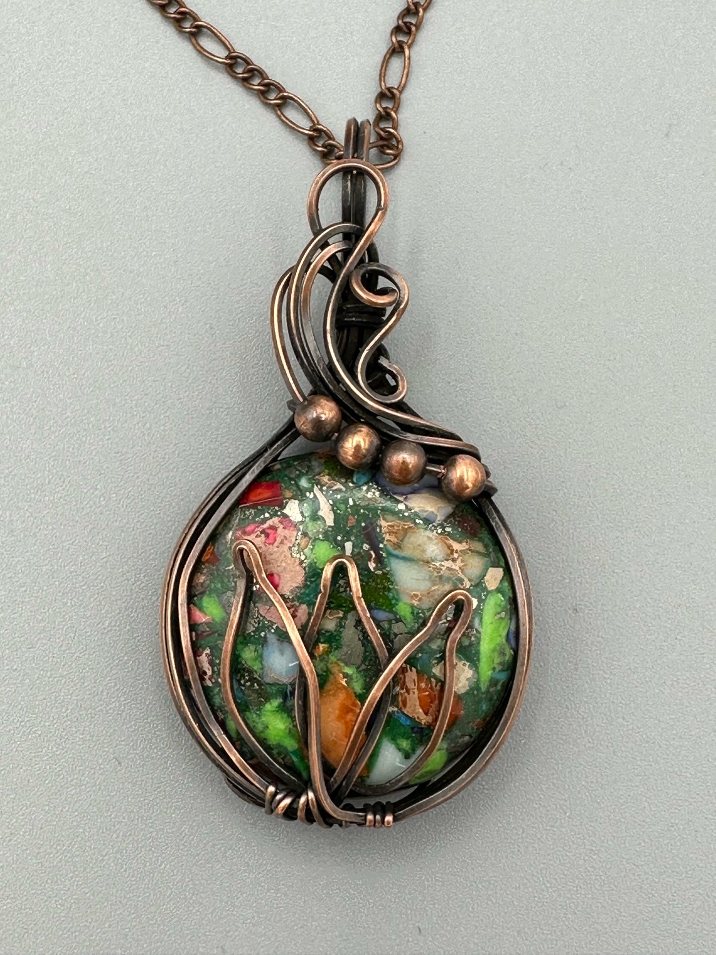 Pyrite Multi-Color Sea Sediment Jasper with Lotus and Copper Beads