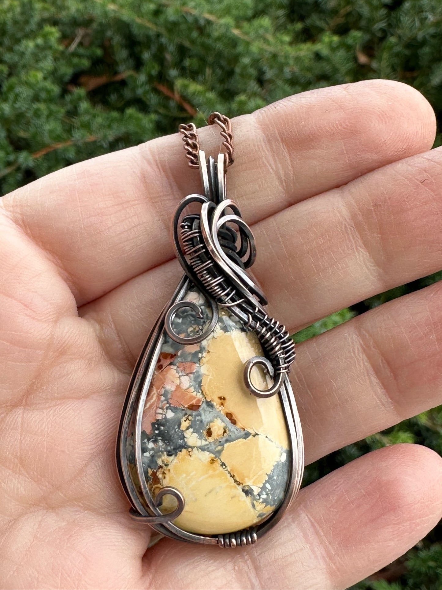 Maligano Jasper Teardrop Pendant Wrapped in Copper Wire