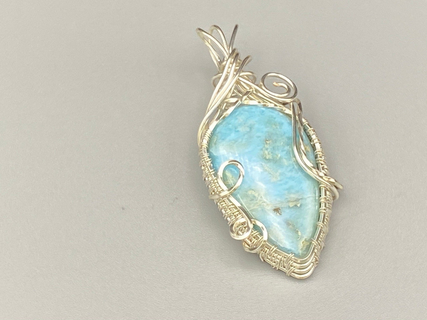 Wire Wrapped Larimar Teardrop Shaped Pendant