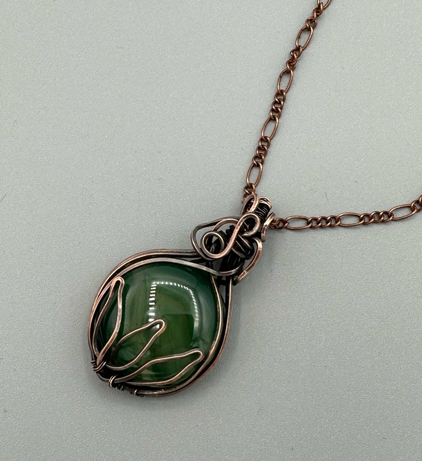 Round Green Veins Agate With Lotus Design Handmade Wire Wrapped Pendant