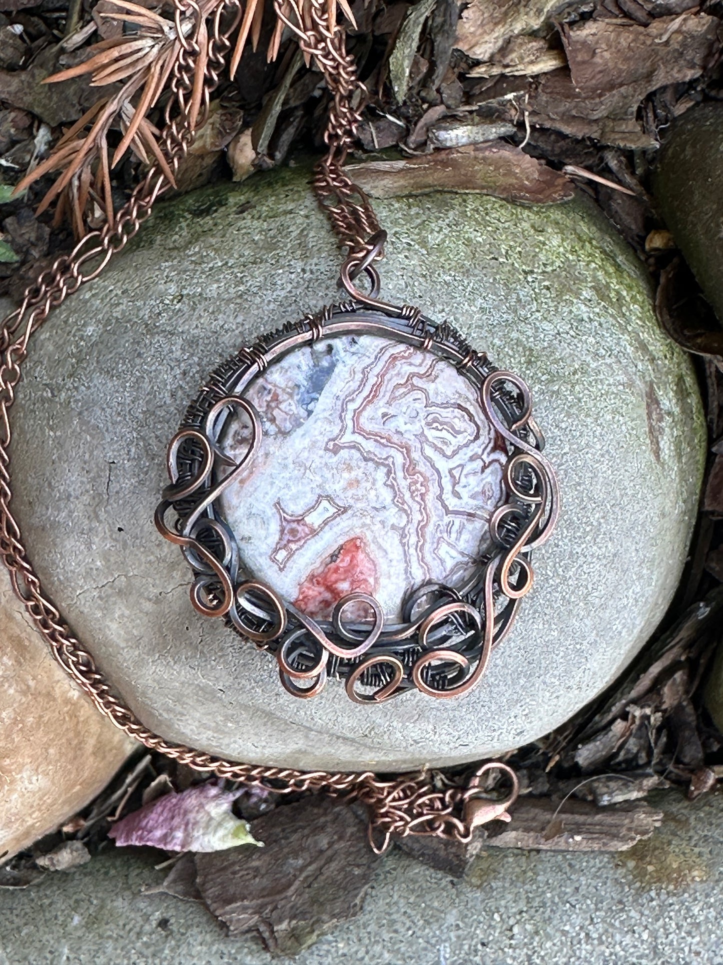 Round Natural Rosita Jasper Wire Wrapped Pendant