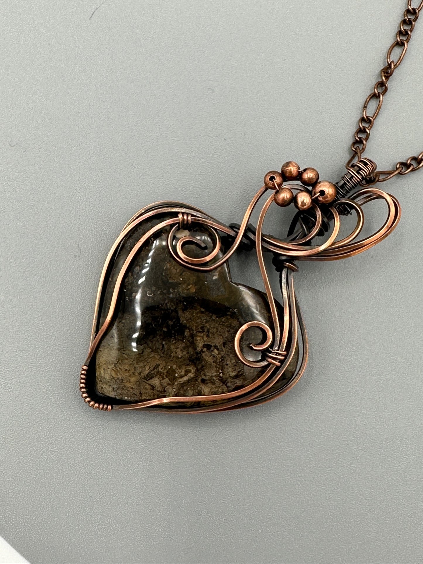 Natural Rock Chalcedony Heart Wire Wrapped Pendant