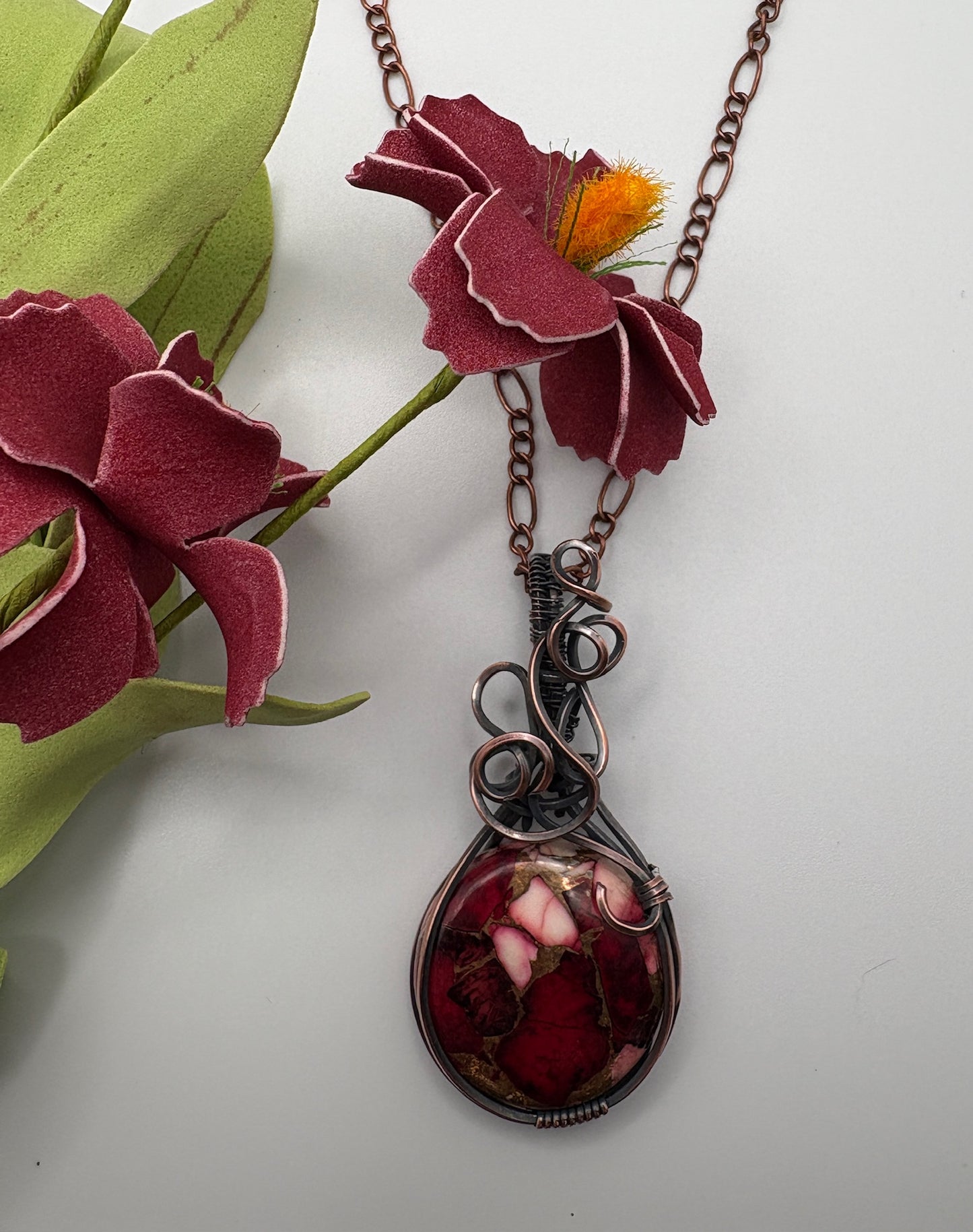 Handmade Circle Dahlia Rose Wire Wrapped Pendant