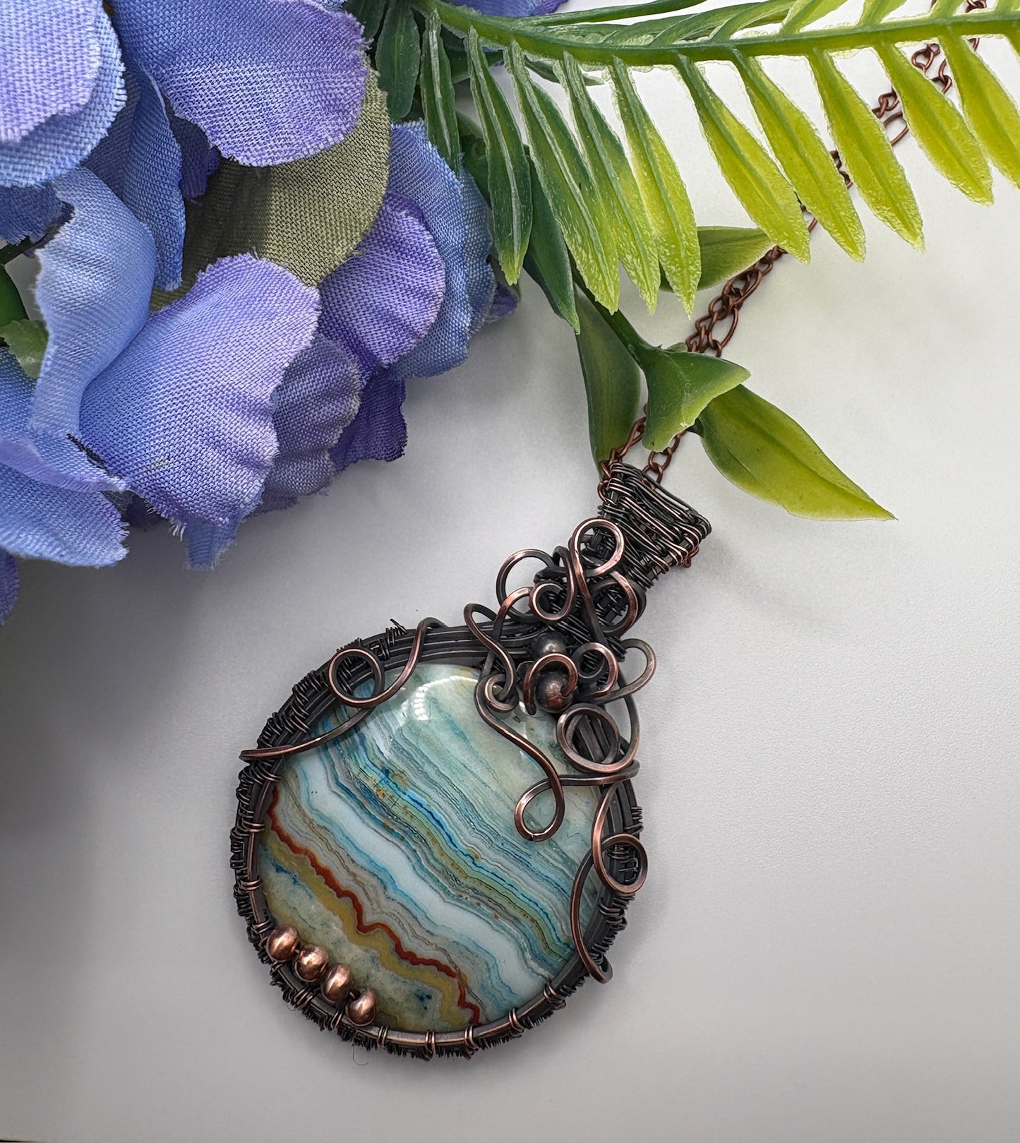 Circle Crazy Lace Agate Handmade Wire Wrapped Pendant