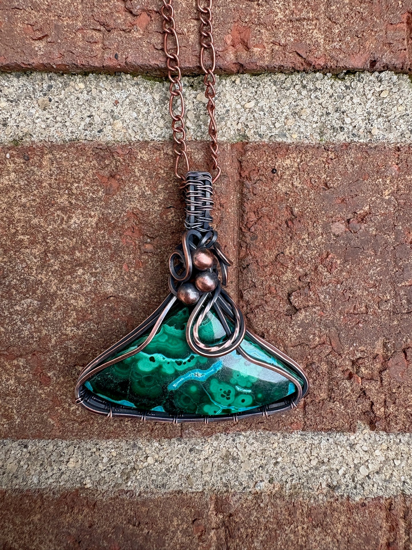 Chrysocolla Malachite Triangle Handmade Wire Wrapped Pendant