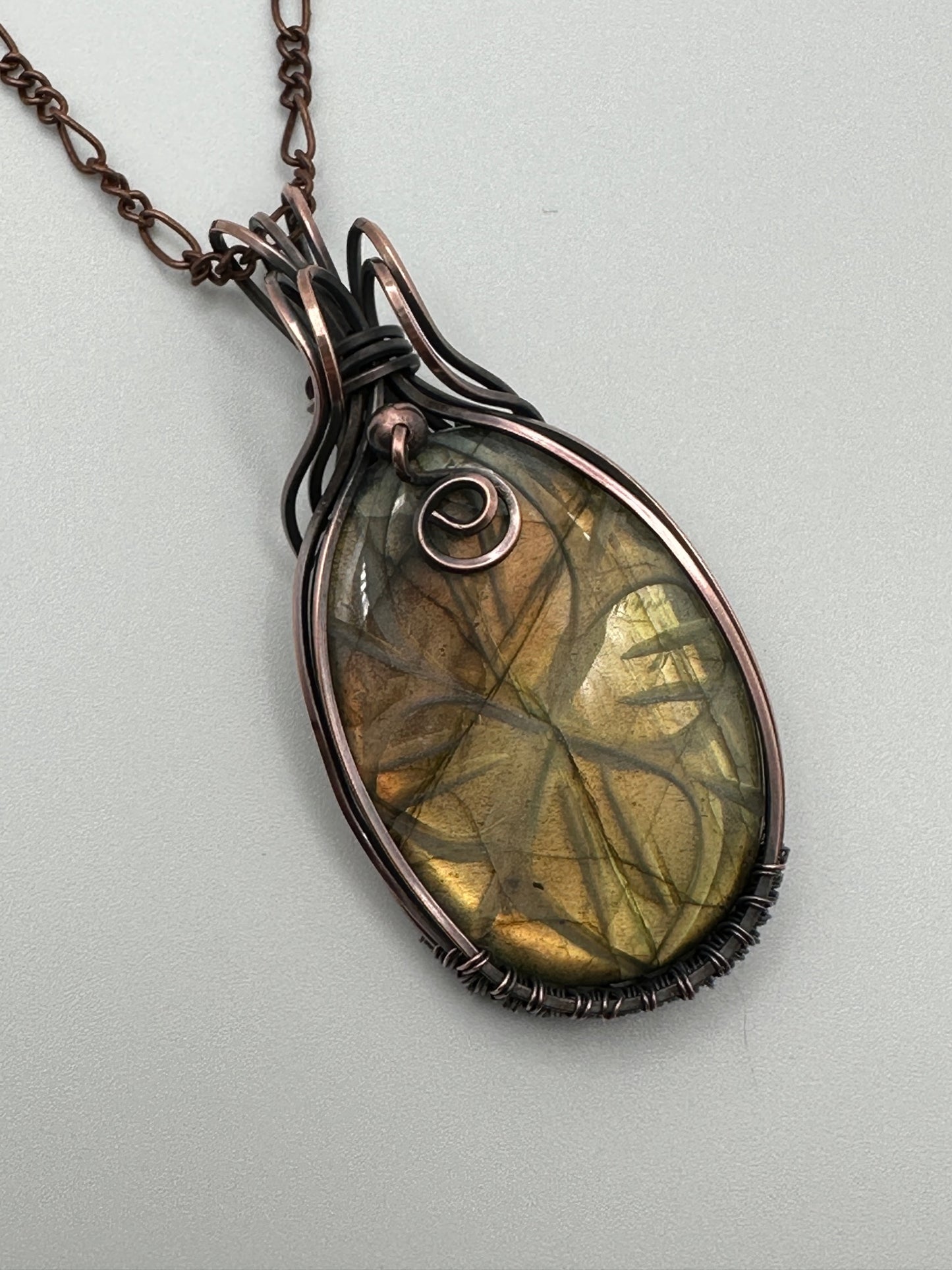 Carved Oval Labradorite Handmade Wire Wrapped Pendant