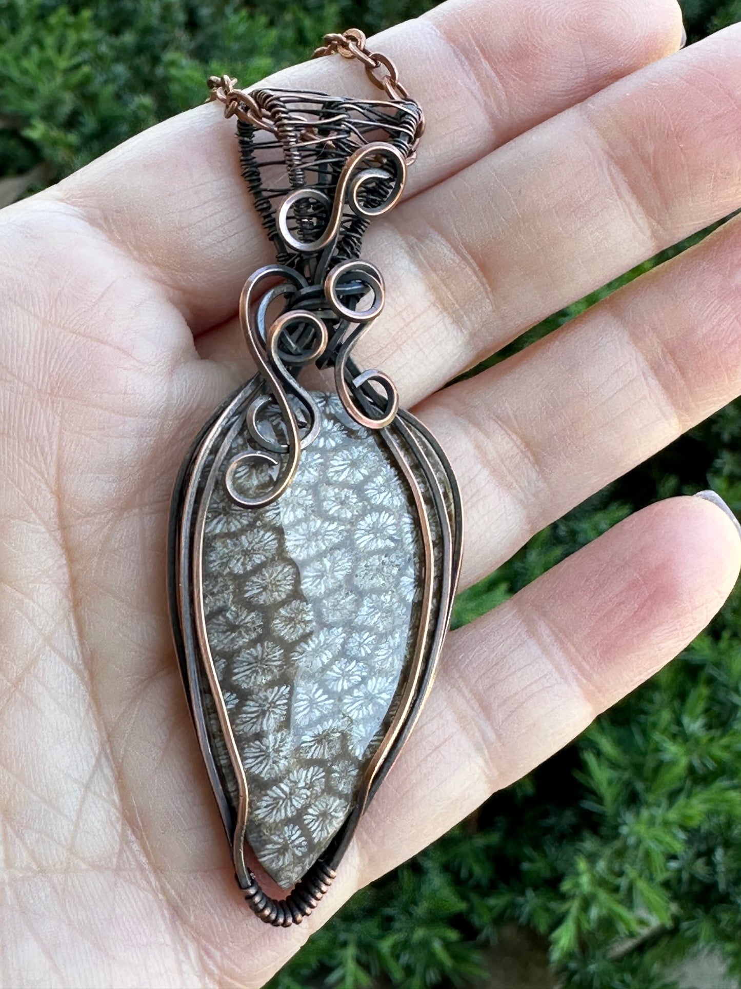 Natural Fossil Coral Teardrop Wire Wrapped Pendant