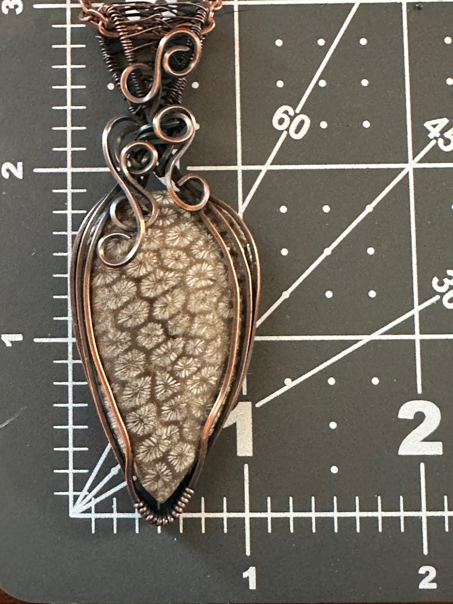 Natural Fossil Coral Teardrop Wire Wrapped Pendant