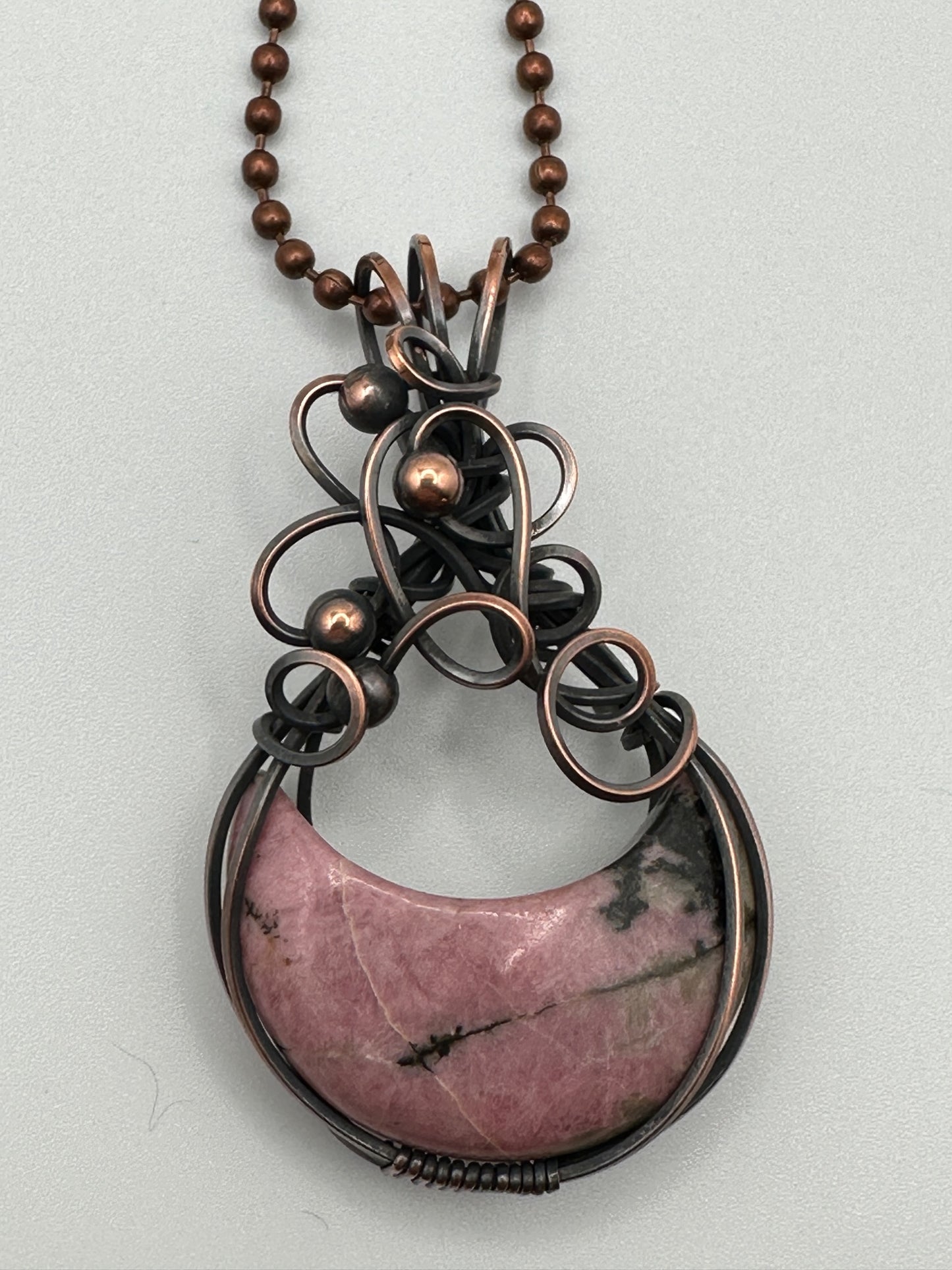 Rhodonite Crescent Moon Handmade Wire Wrapped Pendant