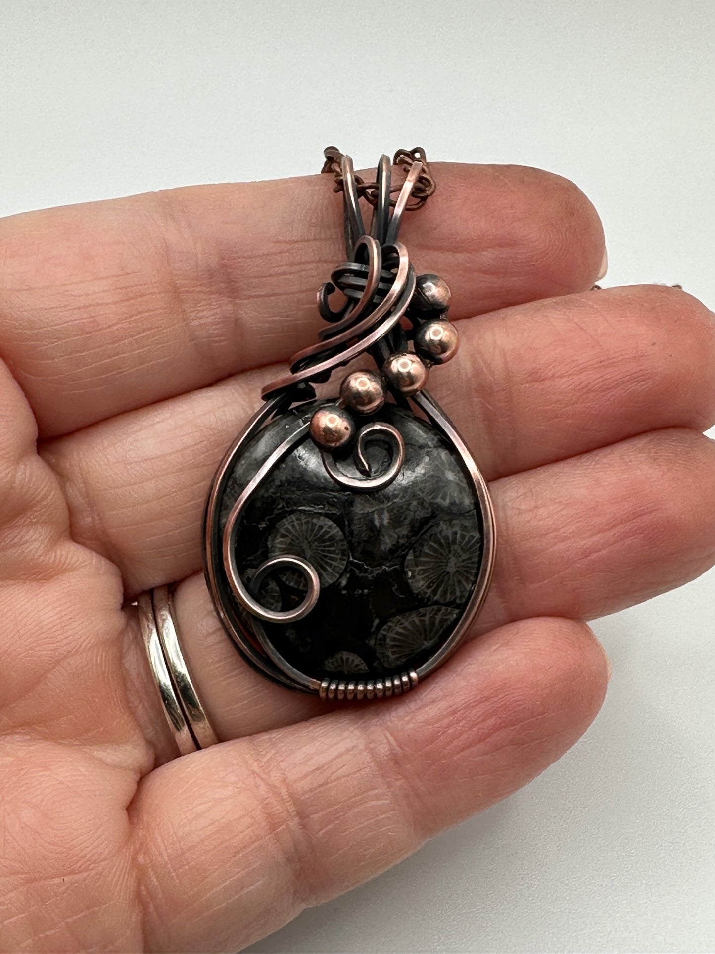 Round Fossilized Wire Wrapped Pendant