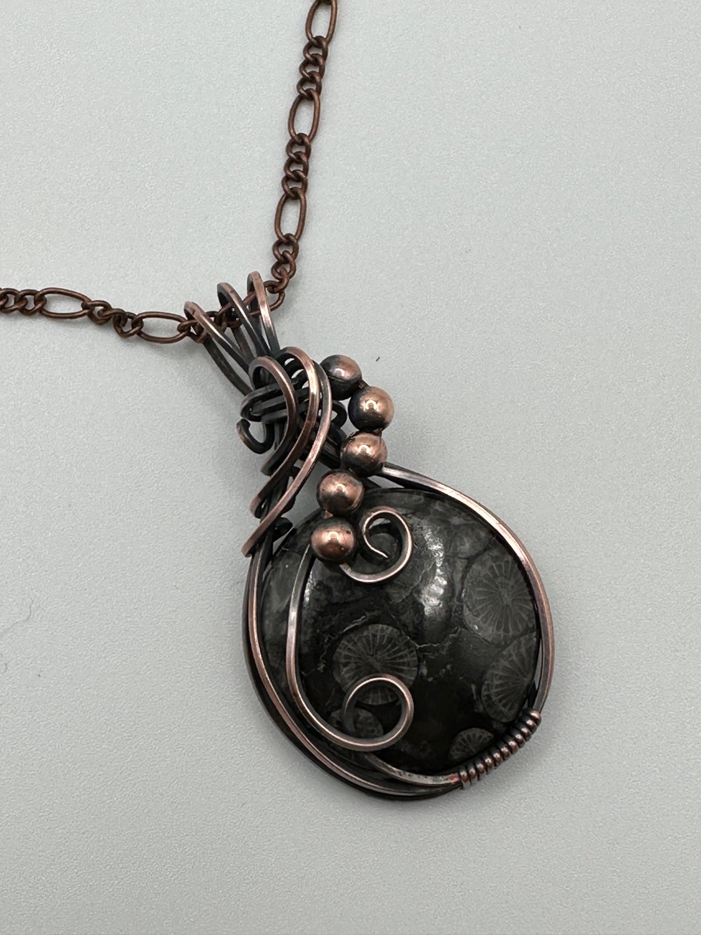 Round Fossilized Wire Wrapped Pendant
