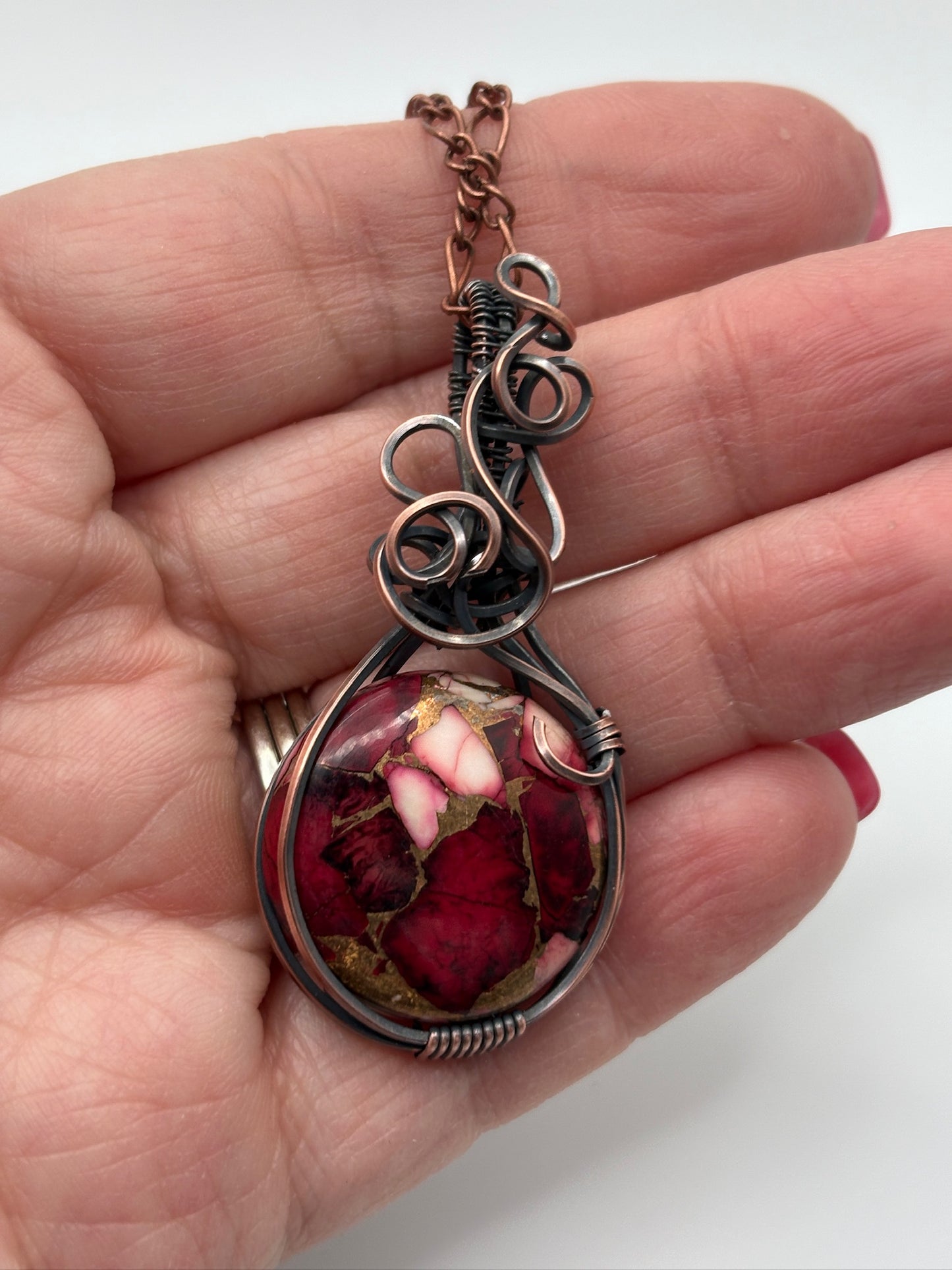 Handmade Circle Dahlia Rose Wire Wrapped Pendant