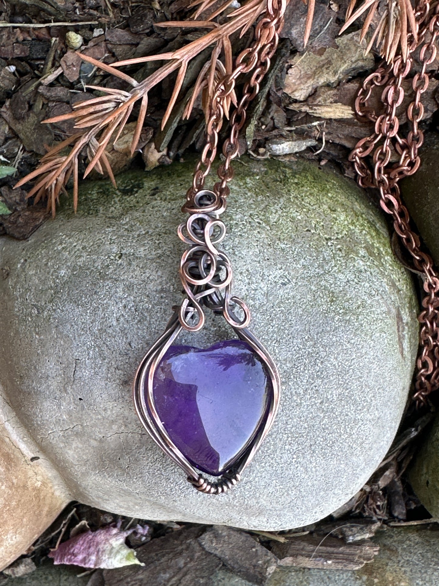 Handmade Wire Wrapped Amethyst Heart Pendant