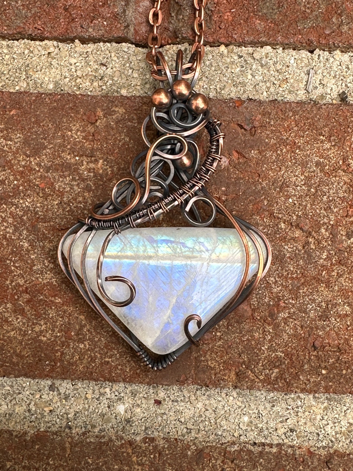 Moonstone Triangular Wire Wrapped Pendant